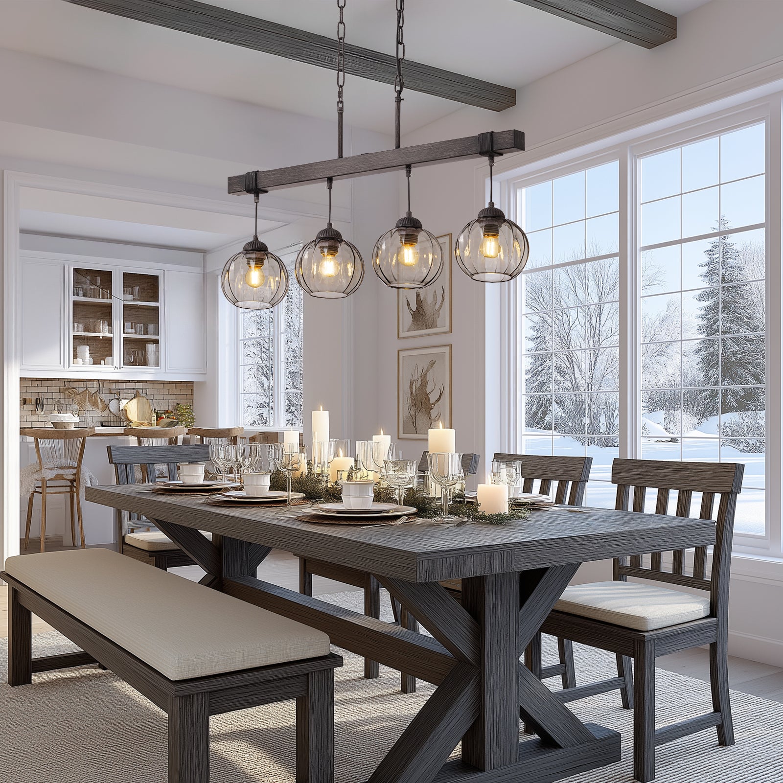 Rustora Farmhouse Dark Glass Globe Linear Island Chandelier