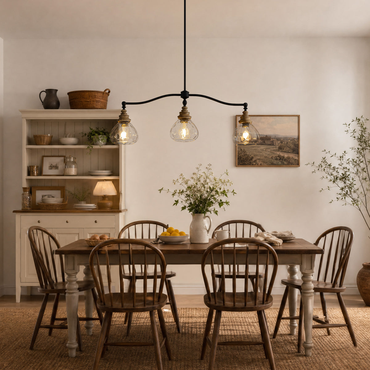 Brinley Vintage Farmhouse Bronze Clear Ripple Glass 3-Light Linear Chandelier