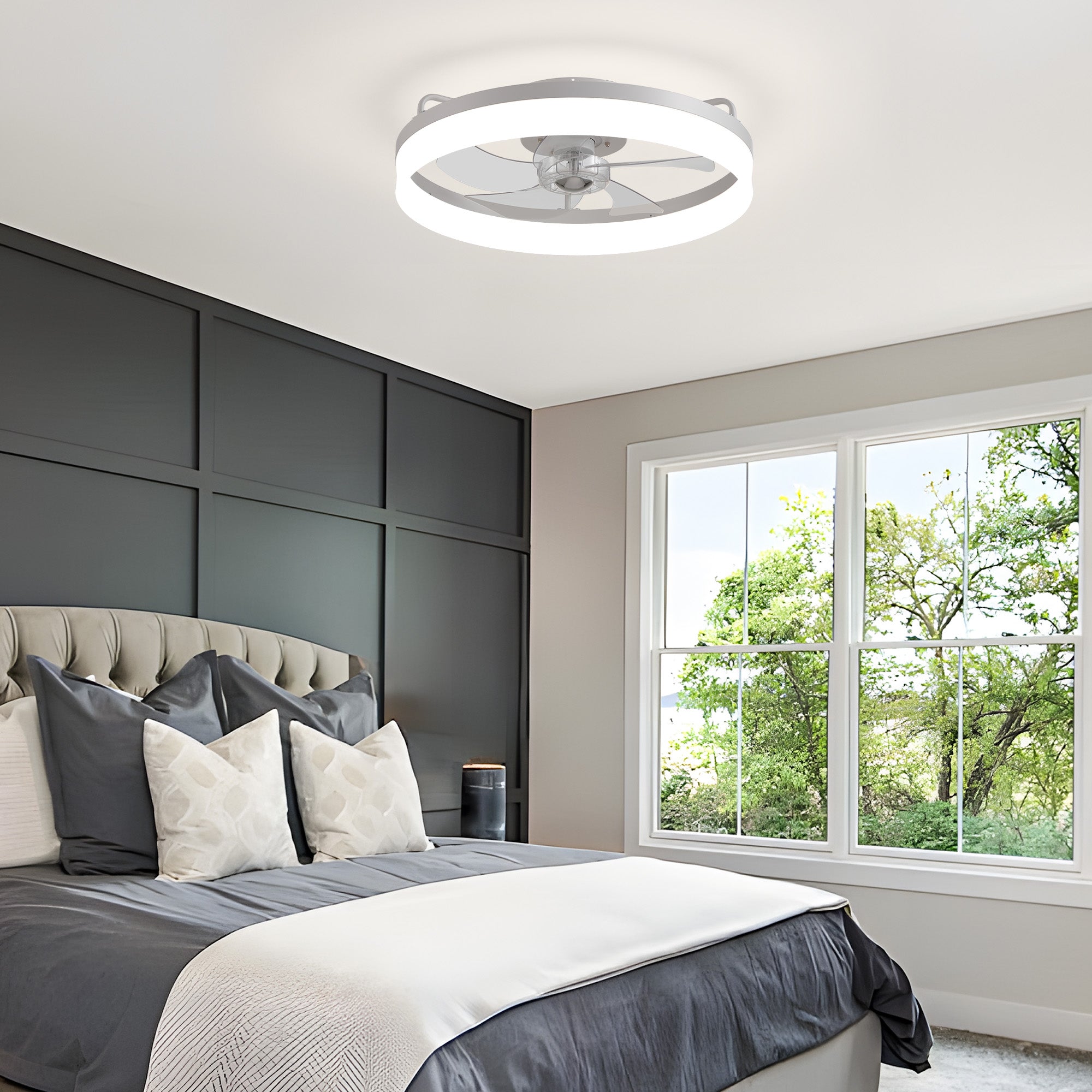 Aeros 19.69" Modern White Low Profile Caged Ceiling Fan with LED Light