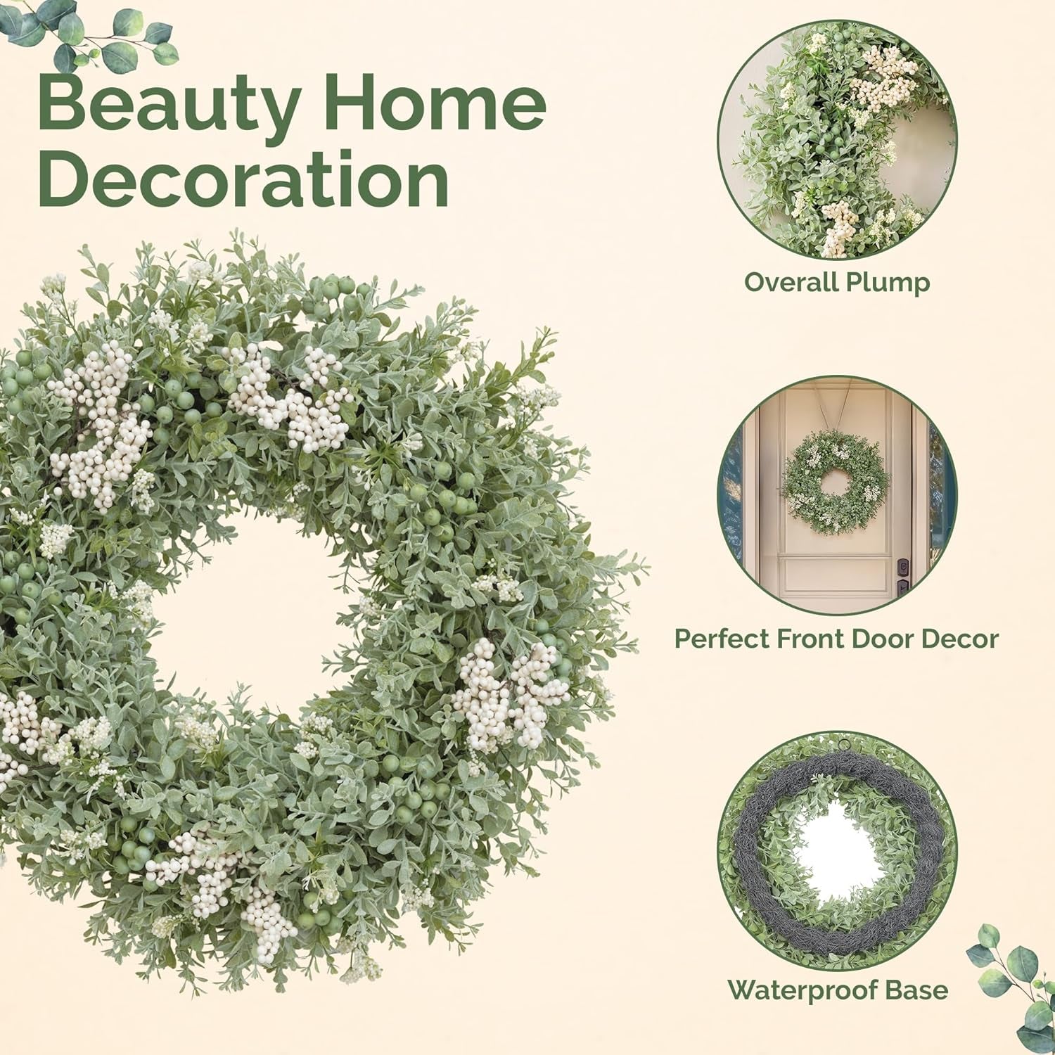 Artificial Greenery Wreath for Front Door – 20" All-Season Floral Door & Wall Décor