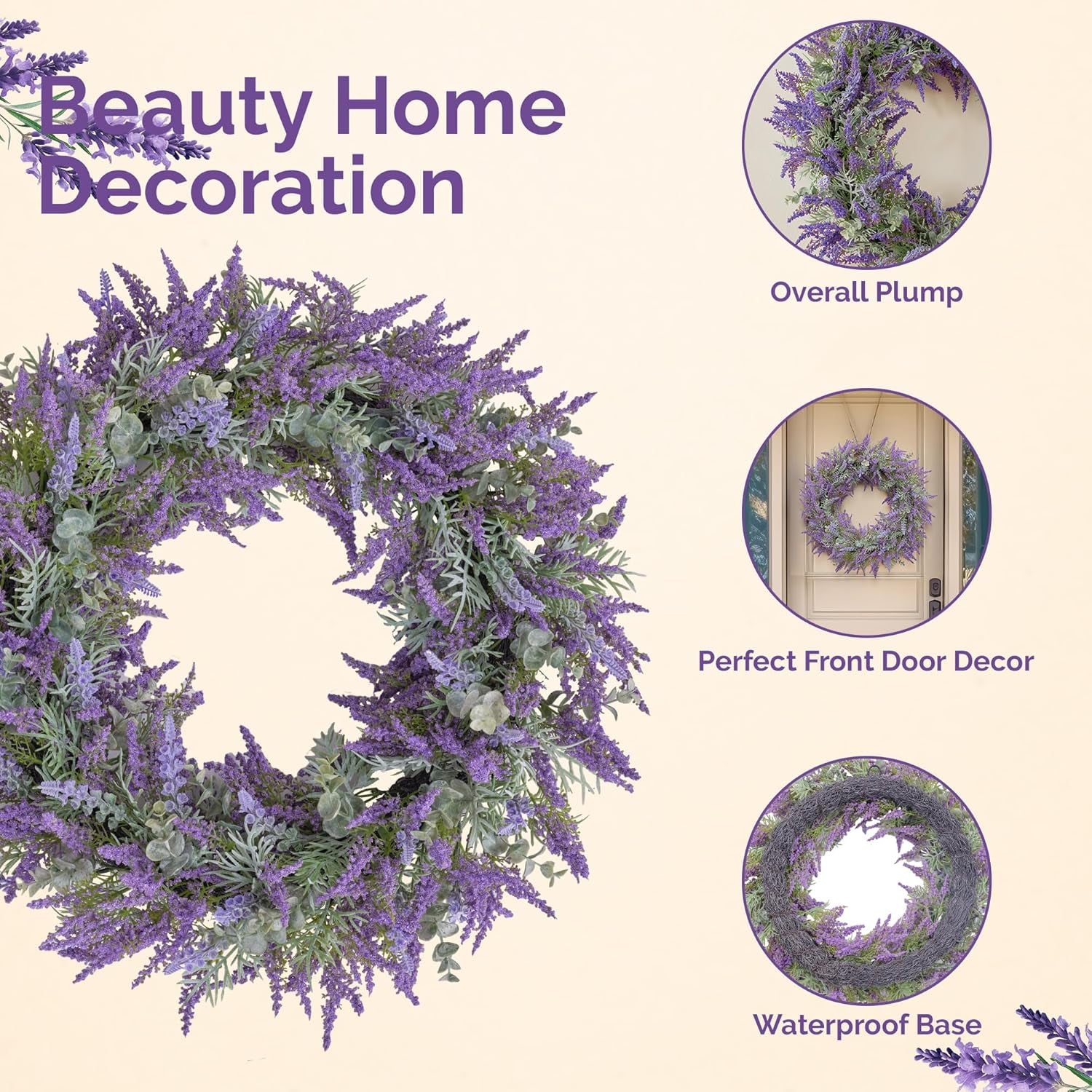 Artificial Purple Lavender Wreath for Front Door – 20" All-Season Floral Door & Wall Décor