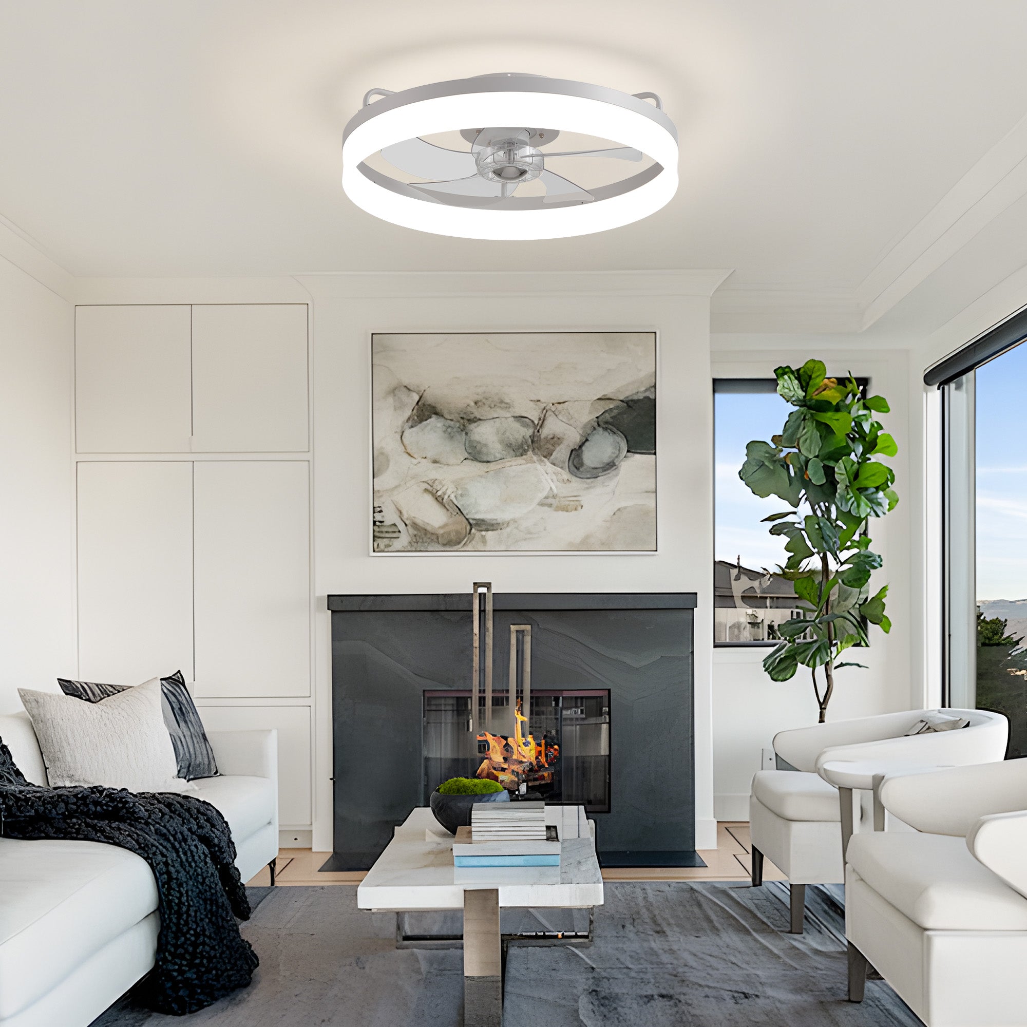 Aeros 19.69" Modern White Low Profile Caged Ceiling Fan with LED Light