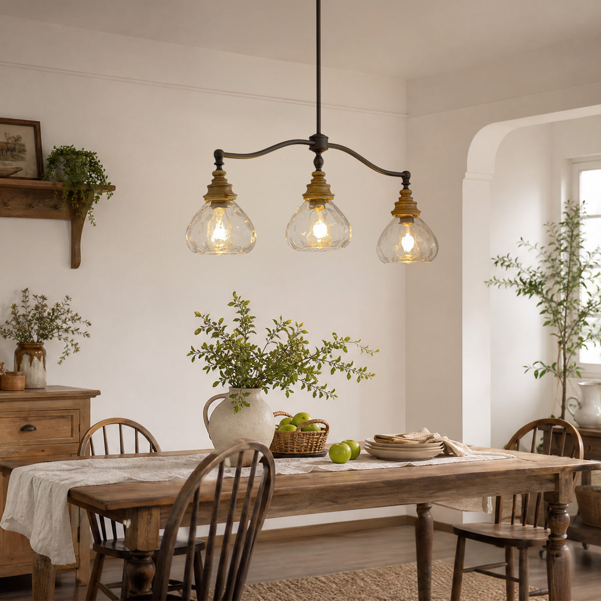 Brinley Vintage Farmhouse Bronze Clear Ripple Glass 3-Light Linear Chandelier