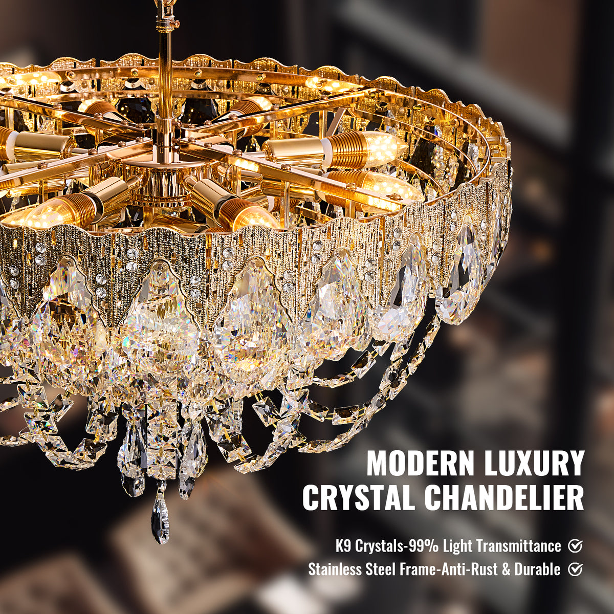 Auremont Classic Luxury Gold Crystal Cascading Round Chandelier