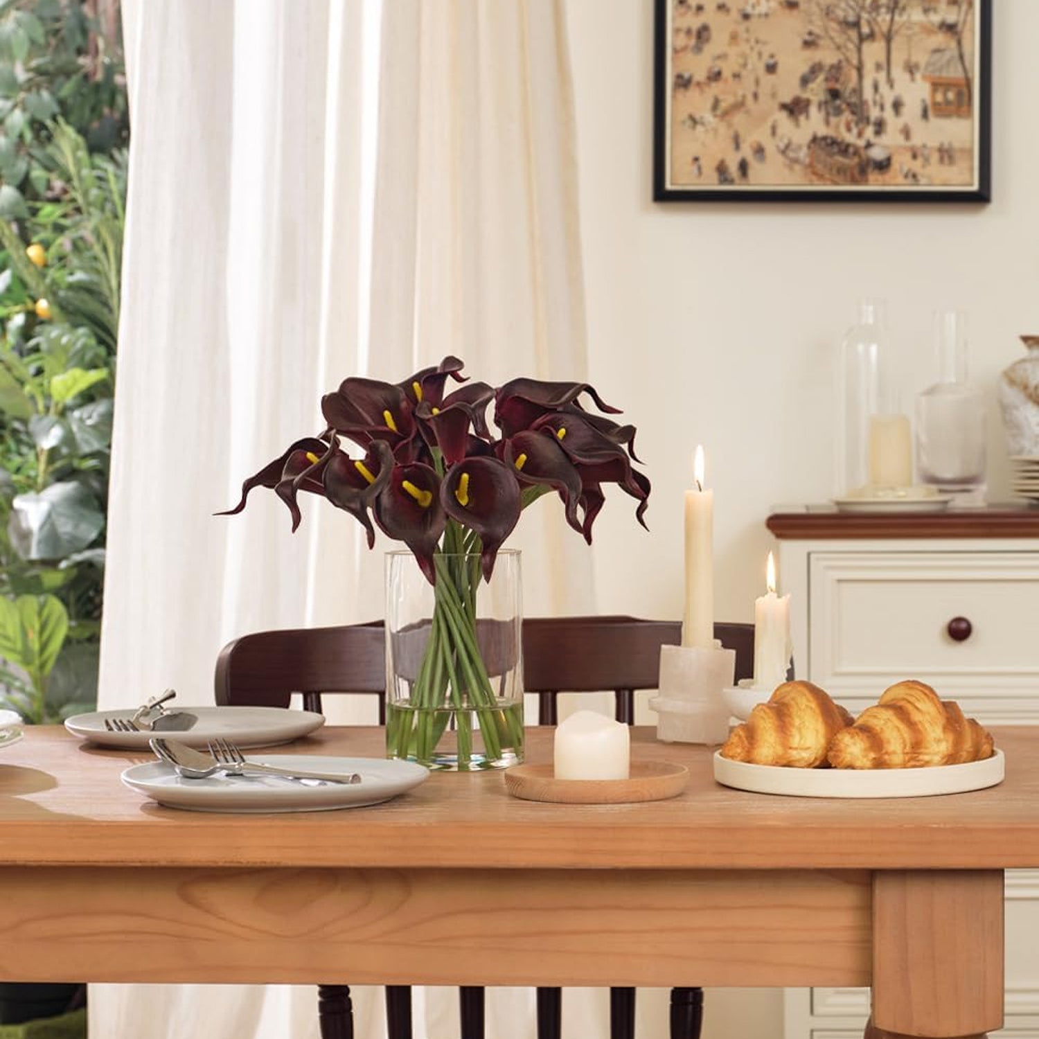 Artificial Masala Red Calla Lilies in Glass Vase with Faux Water – Elegant Table Centerpiece