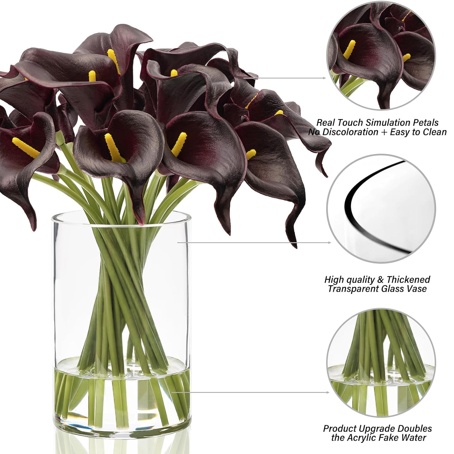 Artificial Masala Red Calla Lilies in Glass Vase with Faux Water – Elegant Table Centerpiece