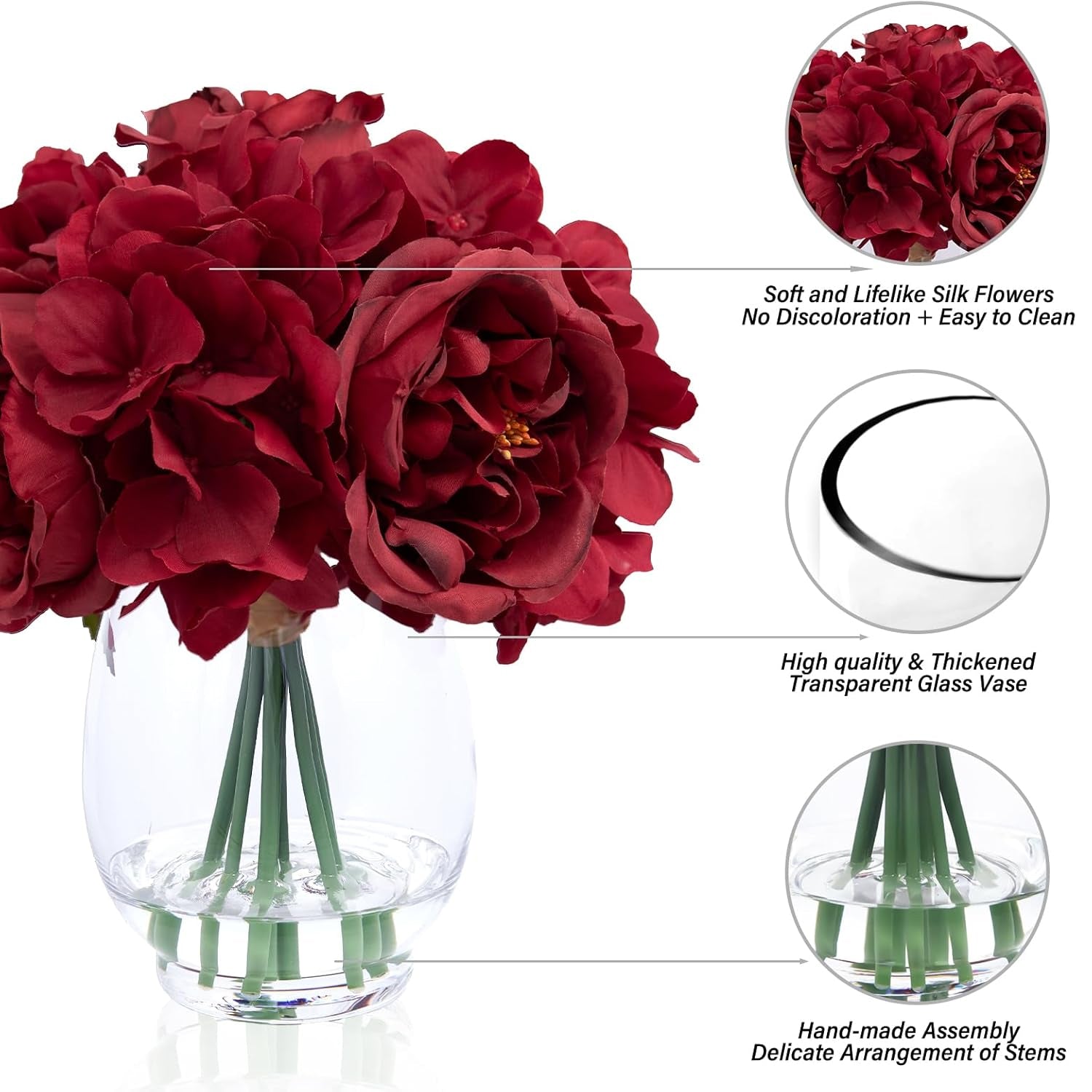 Artificial Red Peonies in Glass Vase with Faux Water – Elegant Table Centerpiece