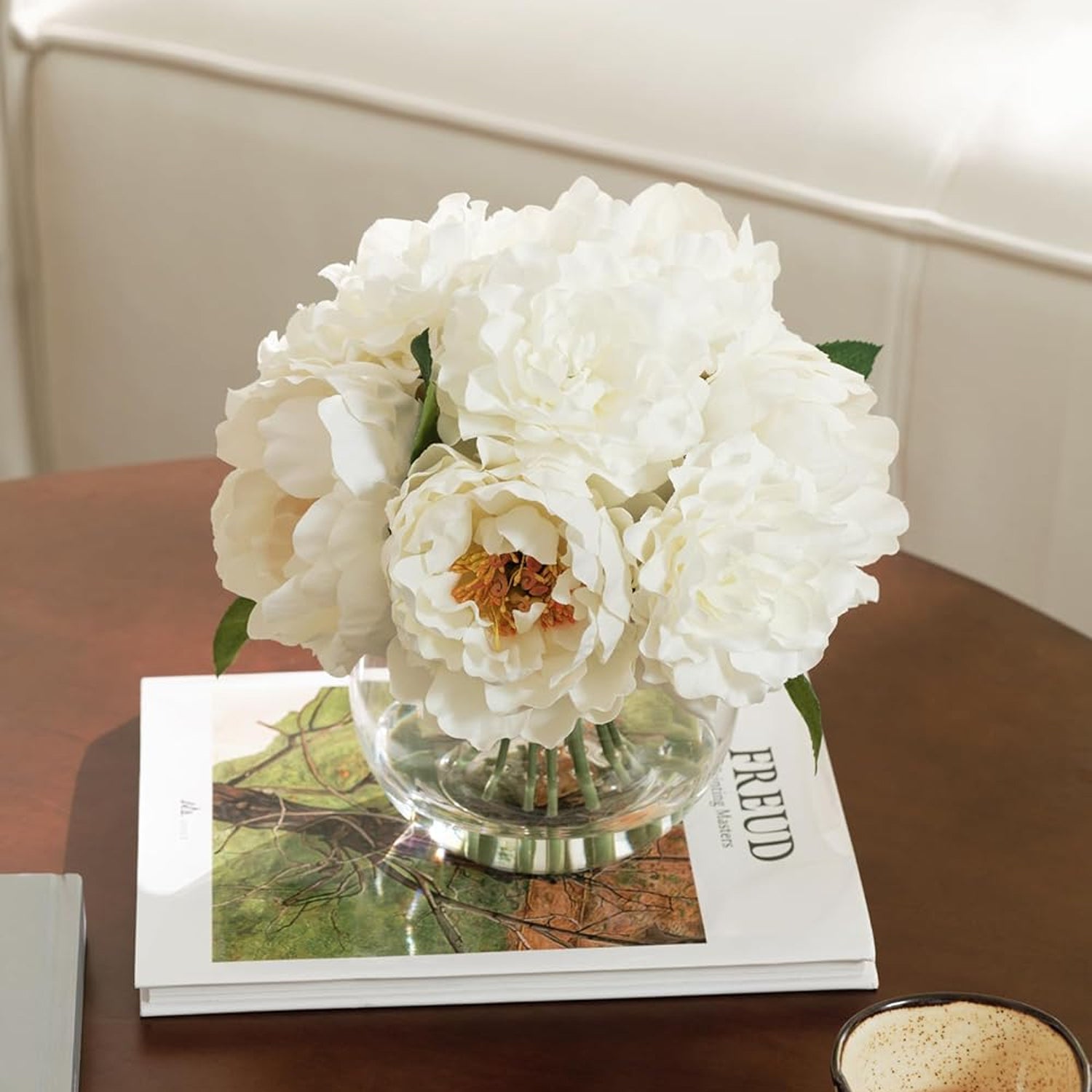 Artificial White Peonies in Glass Vase with Faux Water – Elegant Table Centerpiece
