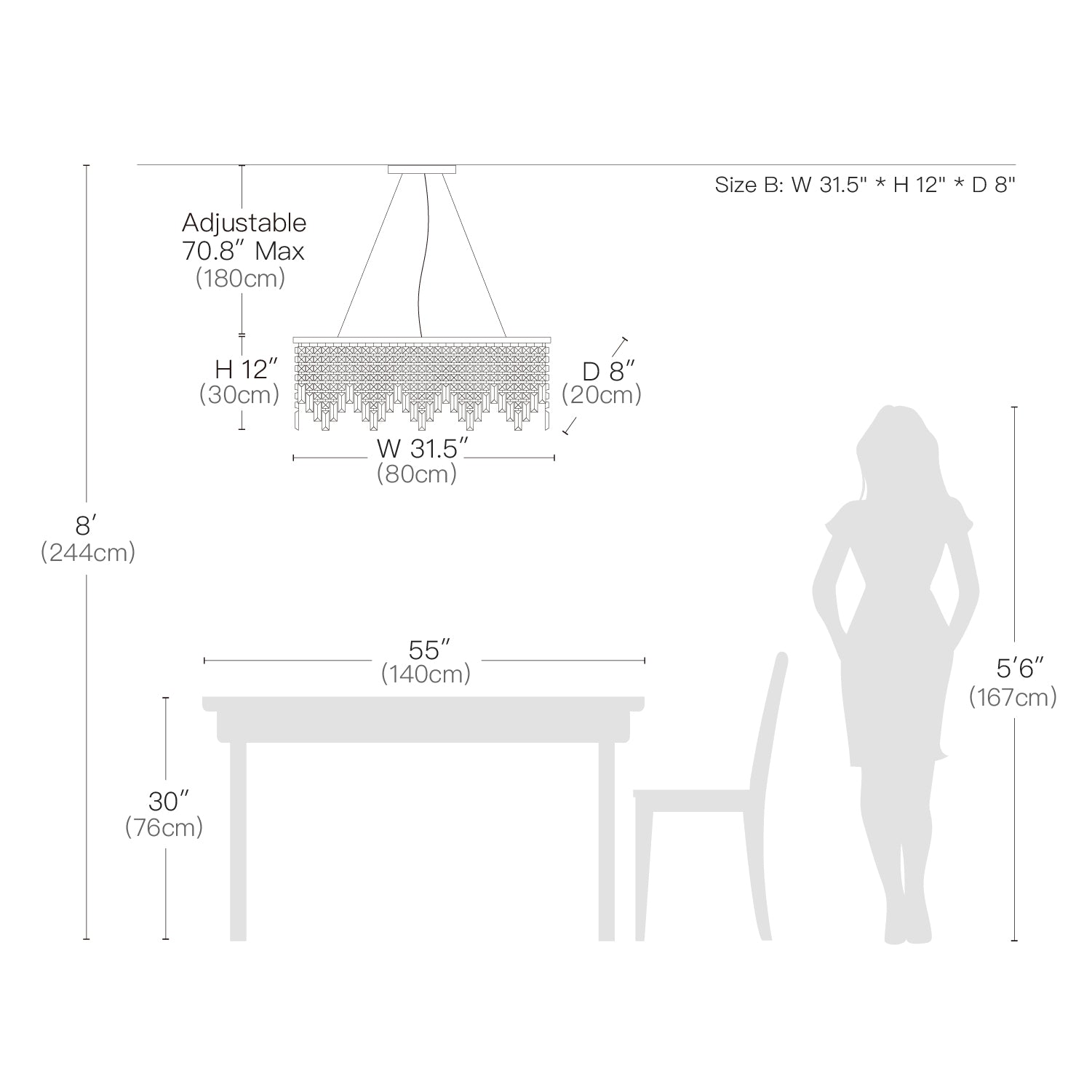 Rectangular Crystal Chandelier With Linear Design - Dining Room- Size Dimension