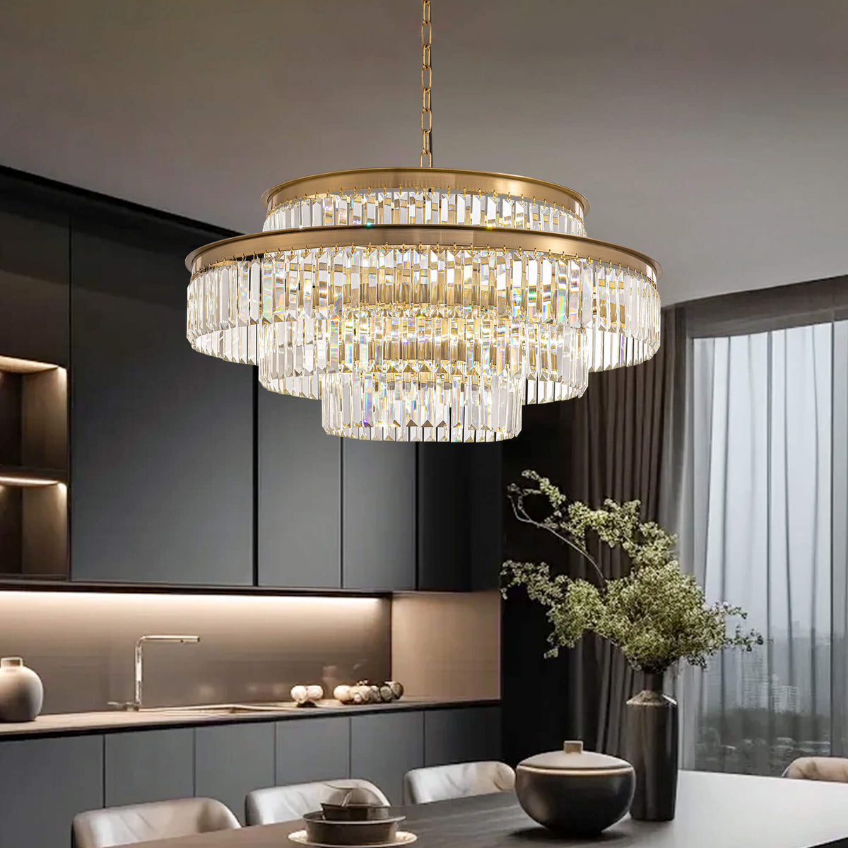 Solara Luxury Modern Gold Brass Crystal Round Chandelier for Dining ...