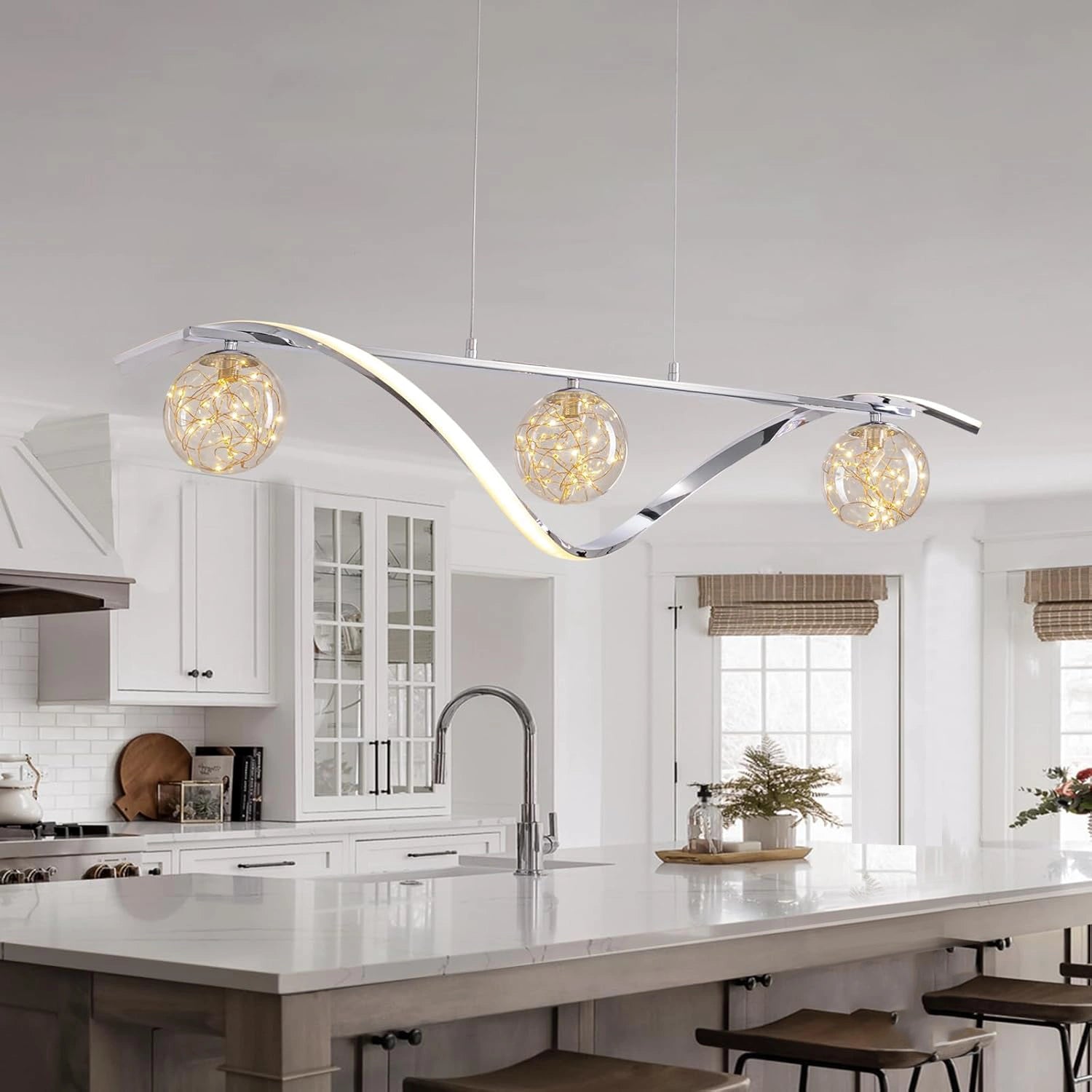 Chrome Linear LED Pendant with Glass Globe Shade - Sofary Lighting