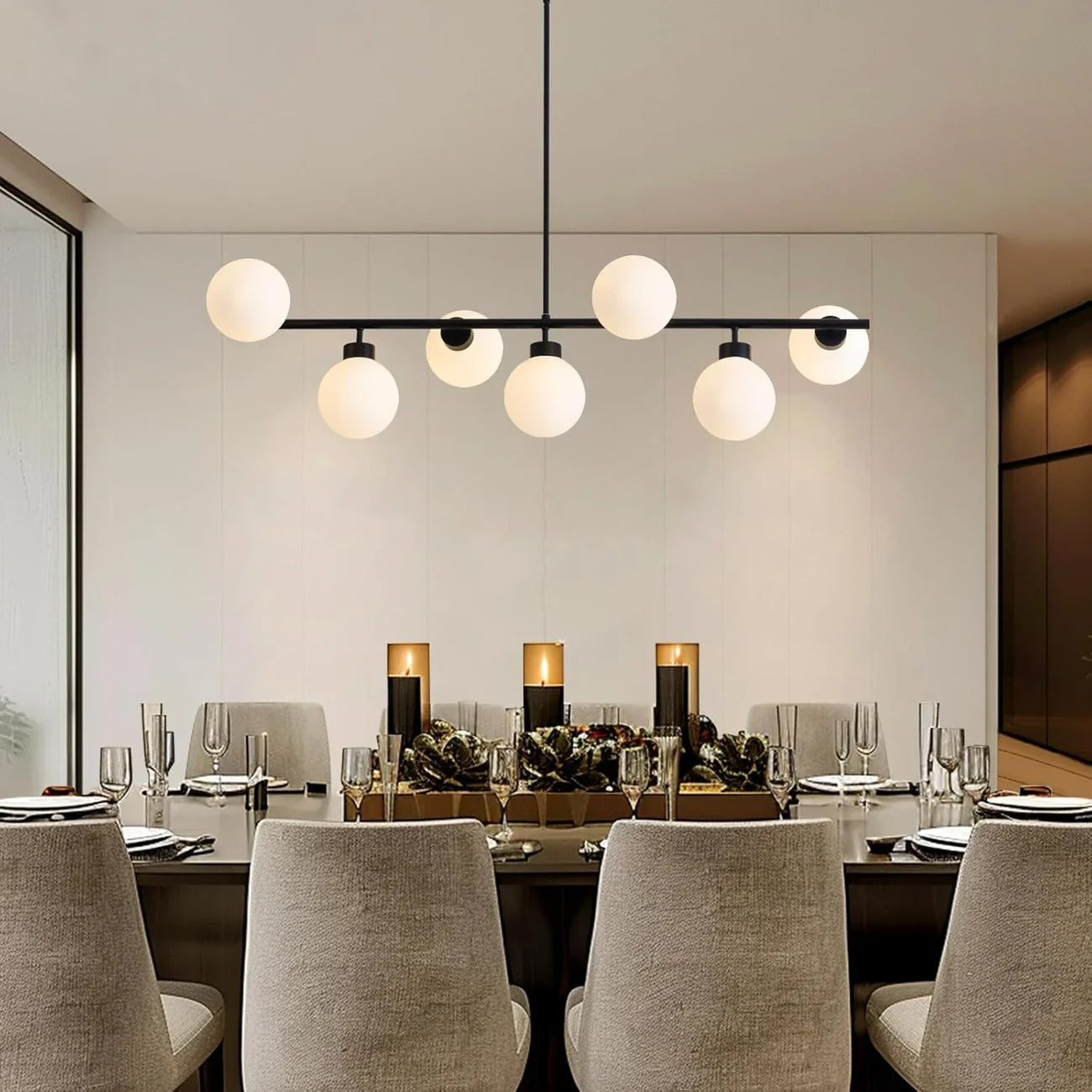 Contemporary Linear Black Chandelier with Milk Glass Globes