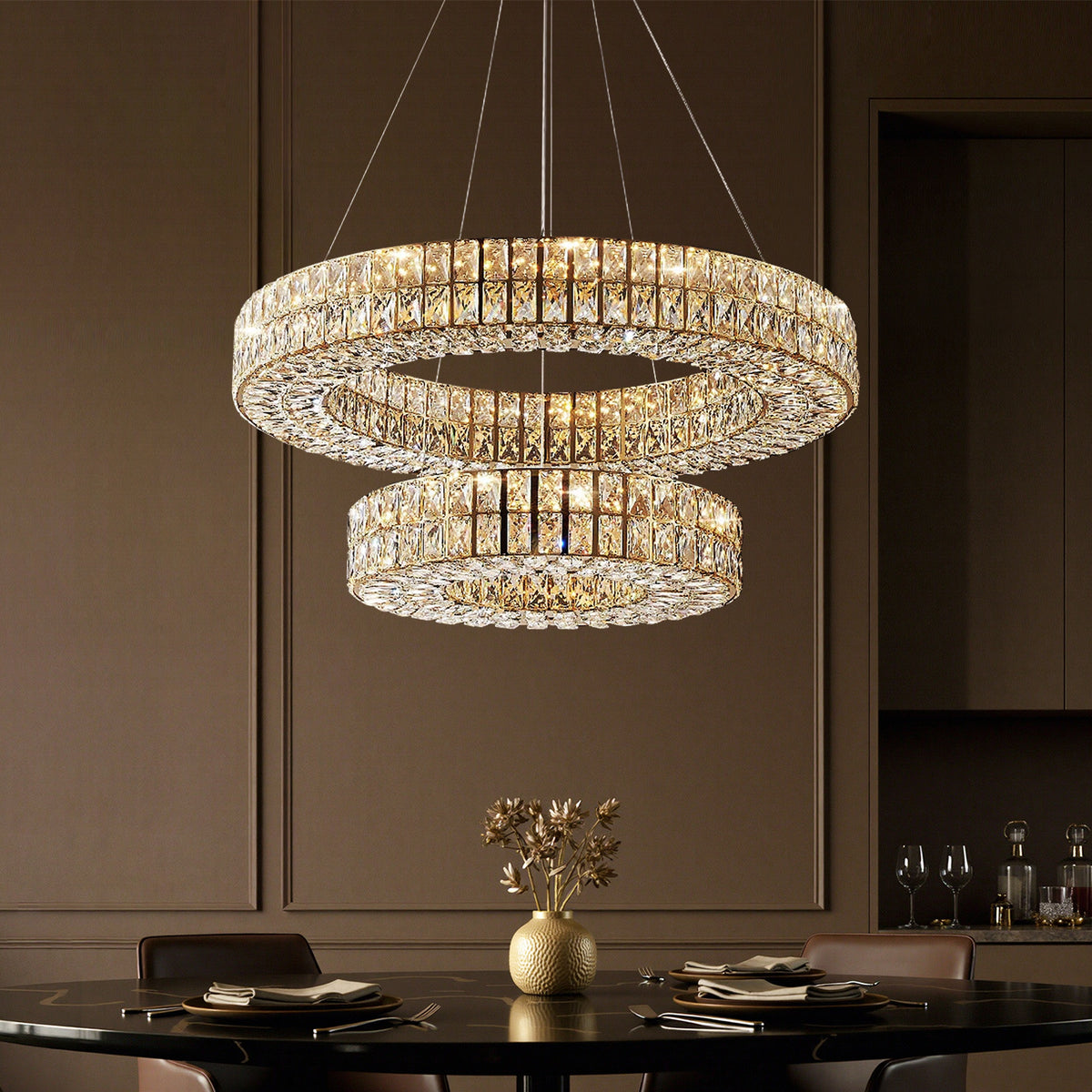 Gold Double-Ring Crystal Chandelier for Dining Room | Sofary