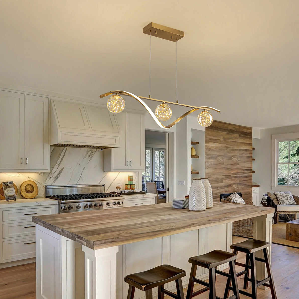 Linear LED Pendant Chandelier in Gold with Glass Globe Shade-Sofary Lighting