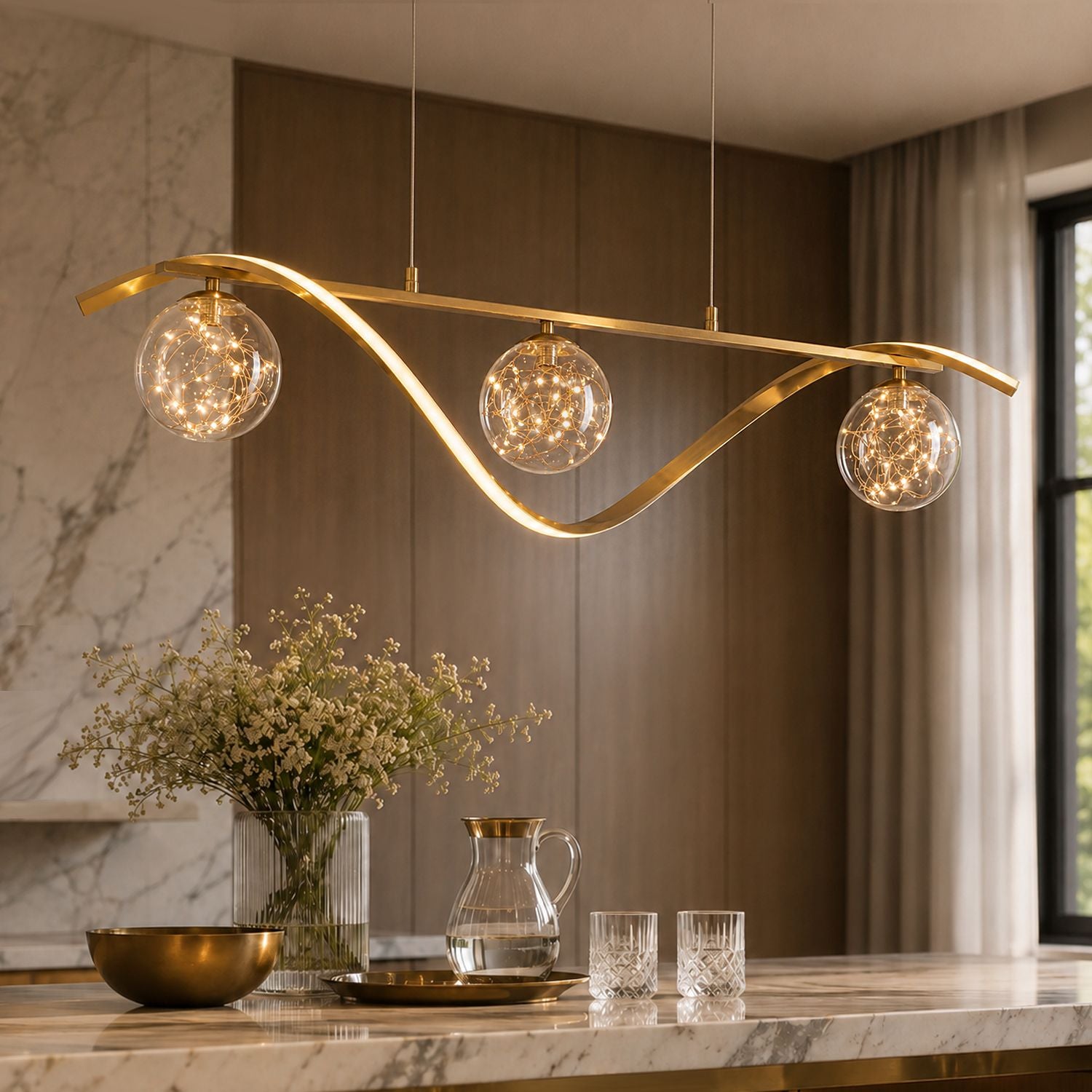 Linear LED Pendant Chandelier in Gold with Glass Globe Shade-Sofary Lighting