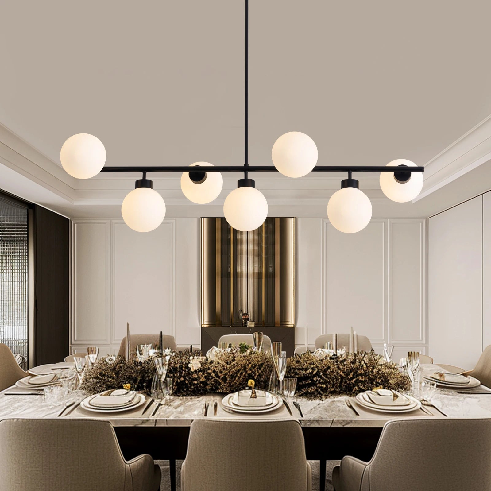 Modern Linear Black Chandelier with Milk Glass Globes - Sofary Lighting