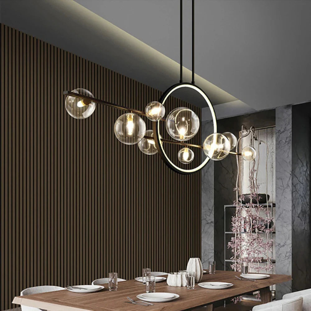 Modern Halo Black Chandelier Pendant Light with Glass Globes for Dining ...