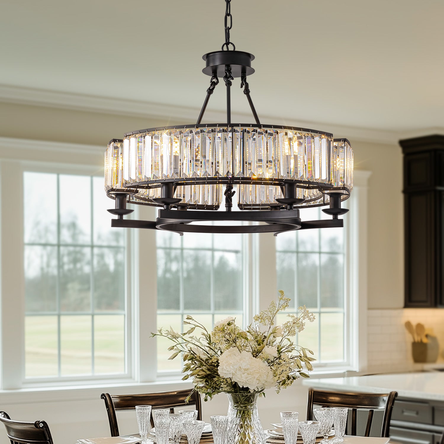 Round-Modern-Rustic-Crystal-Chandelier-dining-room