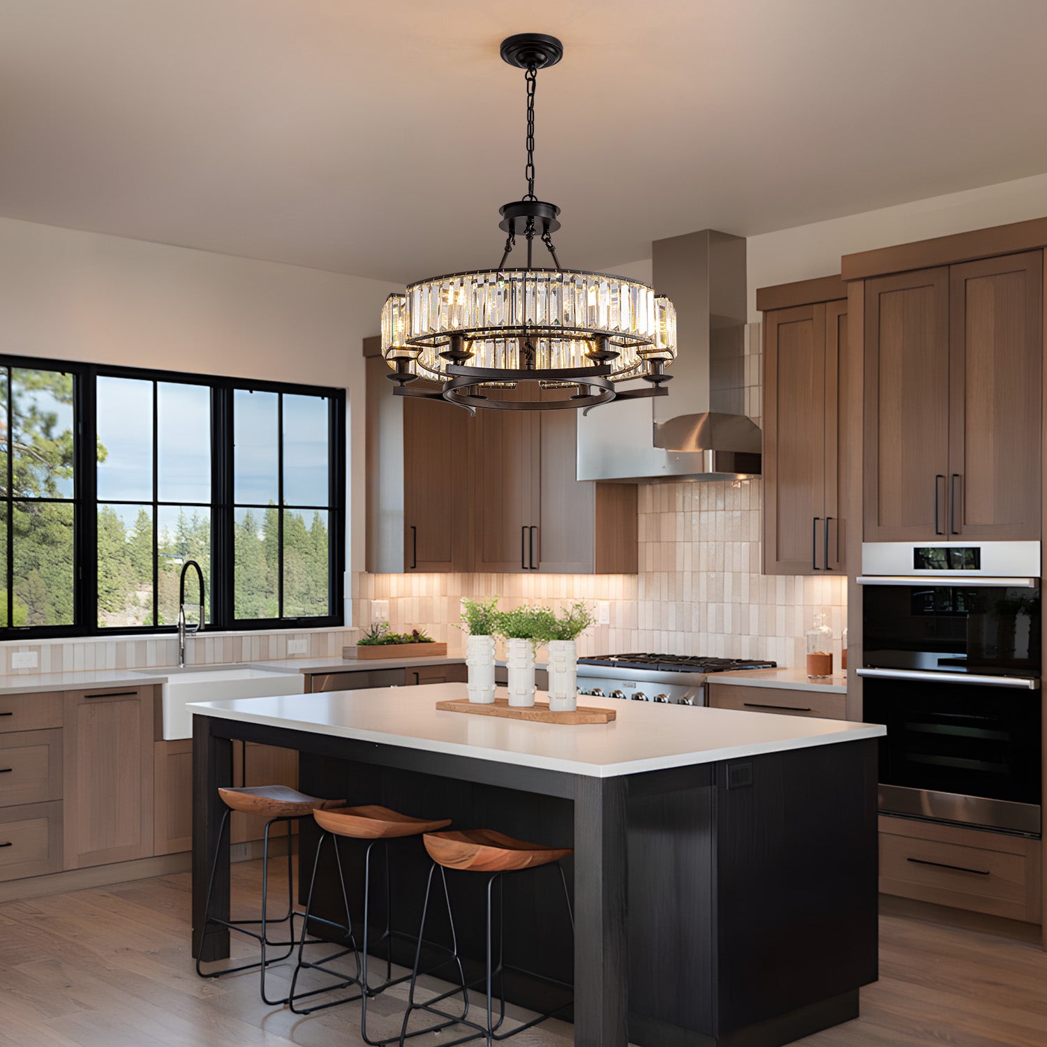 Round-Modern-Rustic-Crystal-Chandelier-kitchen-island