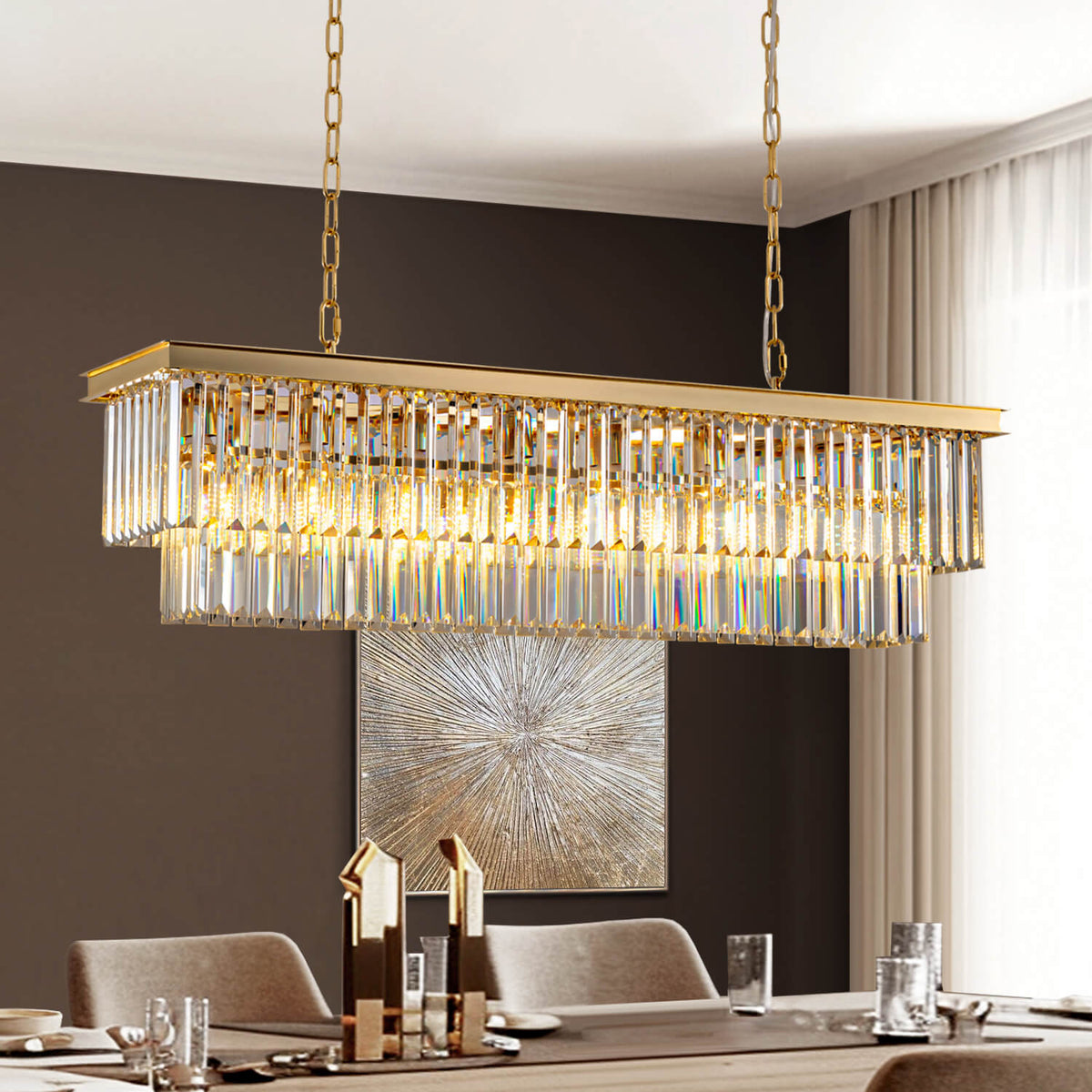 Vespera Luxury Modern Gold Brass Crystal Rectangular Linear Chandelier ...