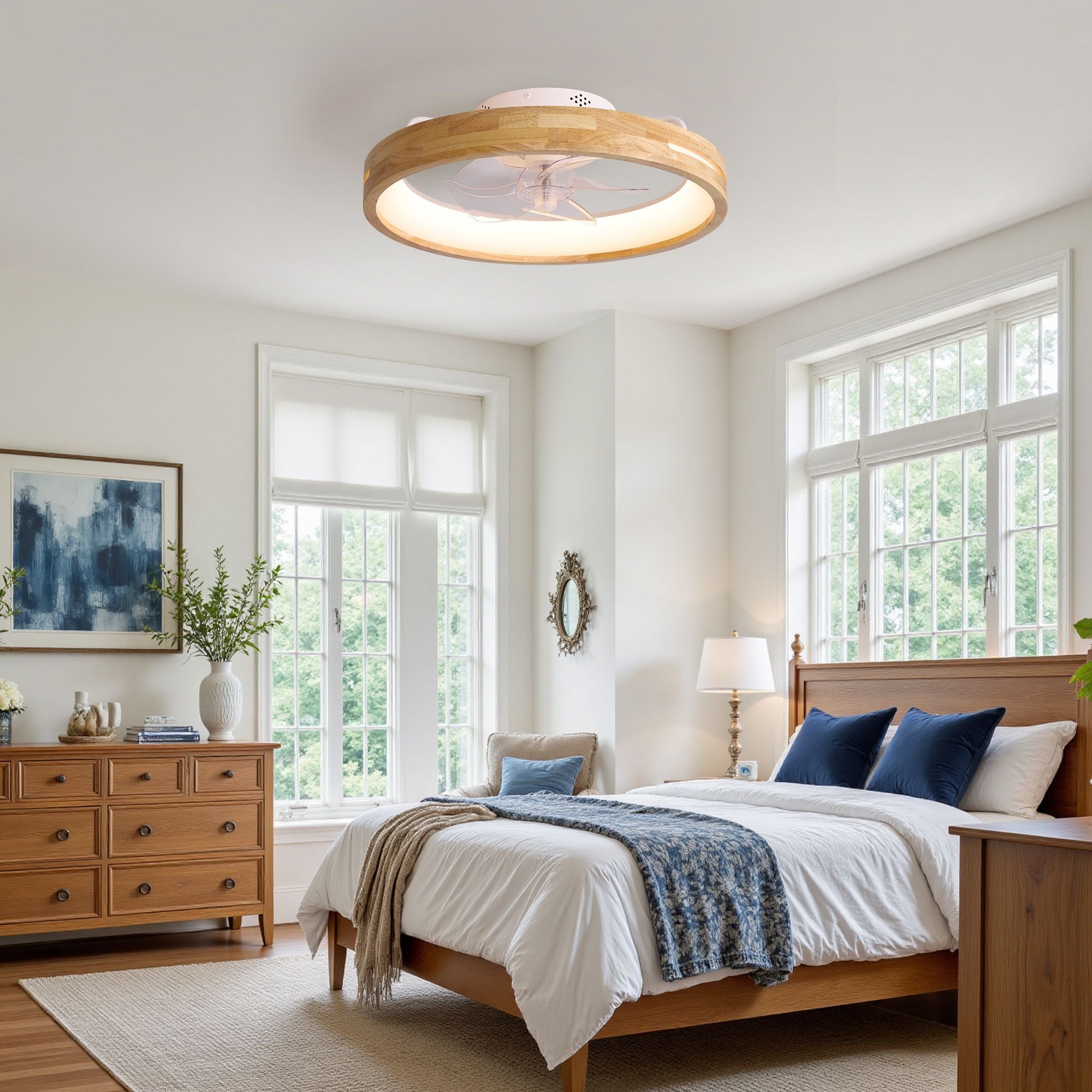 Aeria LED Ceiling Fan in wooden bedroom — natural wood bed frame, blue accents, large windows, calm and airy atmosphere | Sofary Lighting