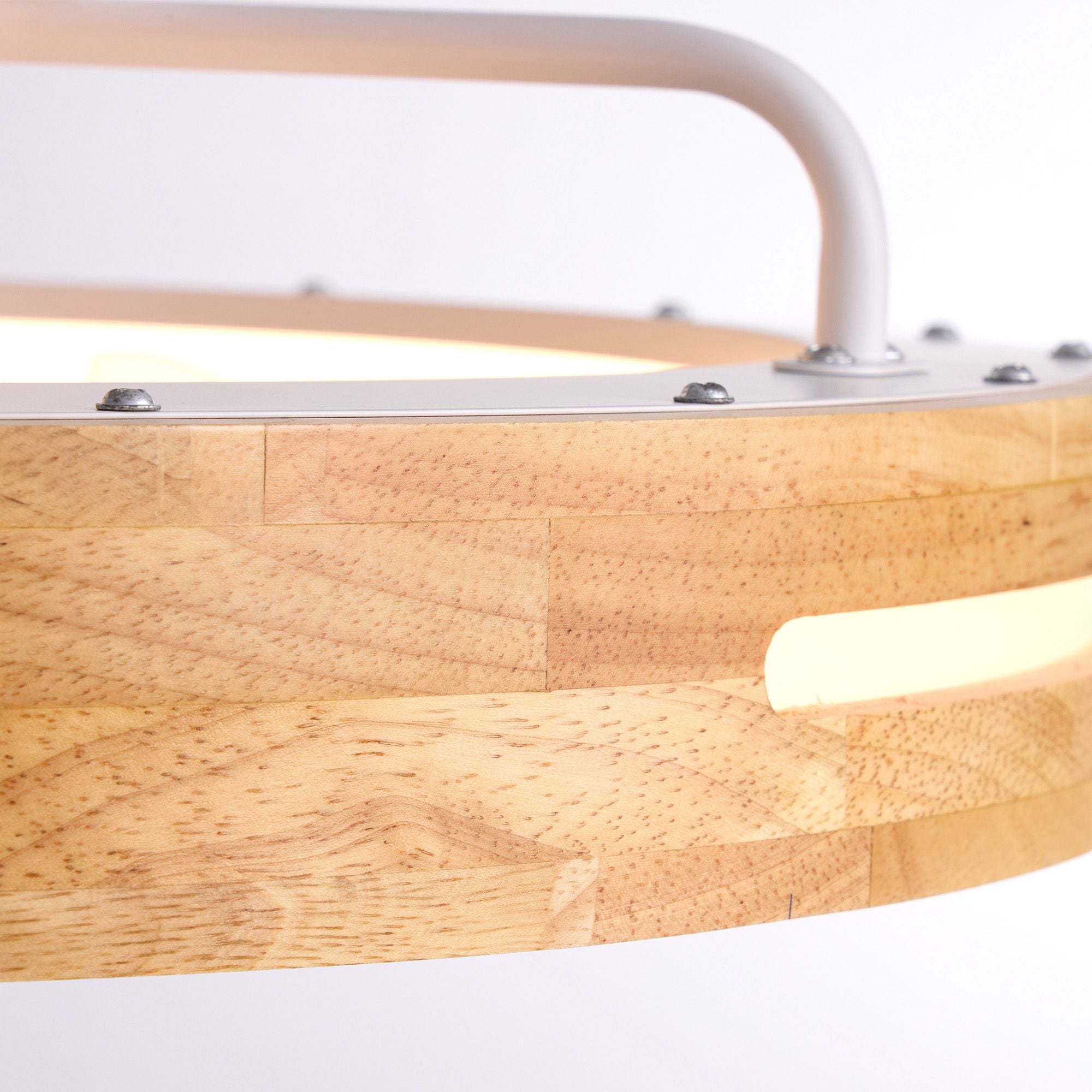 Close-up of Aeria Ceiling Fan — natural wood grain housing, white metal frame, silver hardware screws, premium craftsmanship and textured finish | Sofary Lighting