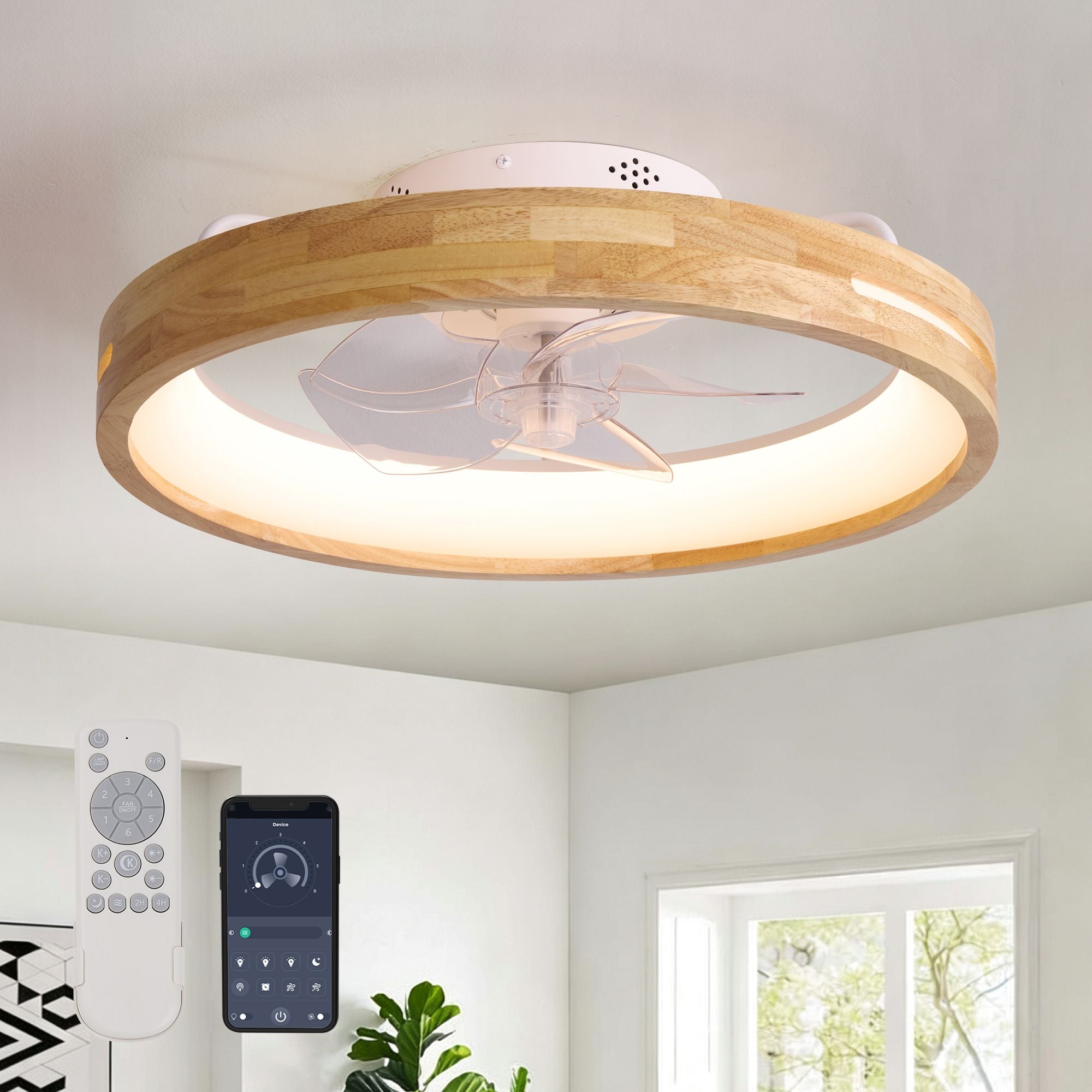 Aeria 19.7" Modern Simple Deluxe Ceiling Fan with LED Light — wood grain round frame, enclosed low profile blades, ring light, remote and app control, minimalist white room | Sofary Lighting