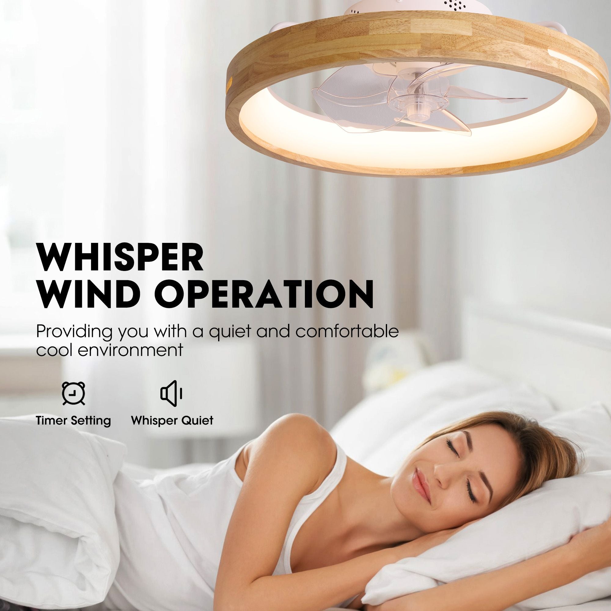 Aeria Whisper Wind Operation ceiling fan — quiet and comfortable cool environment, timer setting, whisper quiet for restful sleep | Sofary Lighting