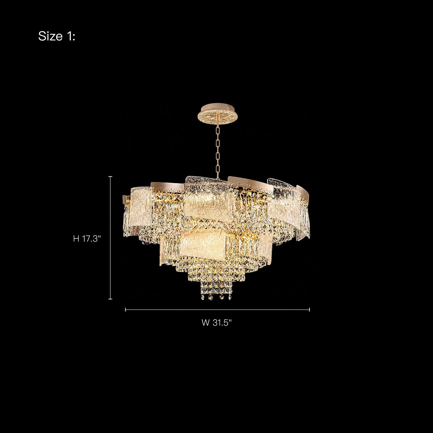 Aeria Chandelier dimensions — 17.3" height, 31.5" width, ideal for 12–20 ft ceilings; perfect for dining rooms, foyers, master bedrooms, and grand living spaces
