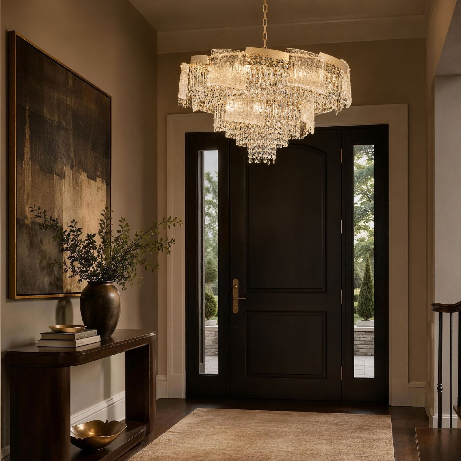 Aeria Chandelier anchoring a sophisticated foyer — arched doorway, dark wood console, potted greenery, crystal glow welcomes guests with grandeur