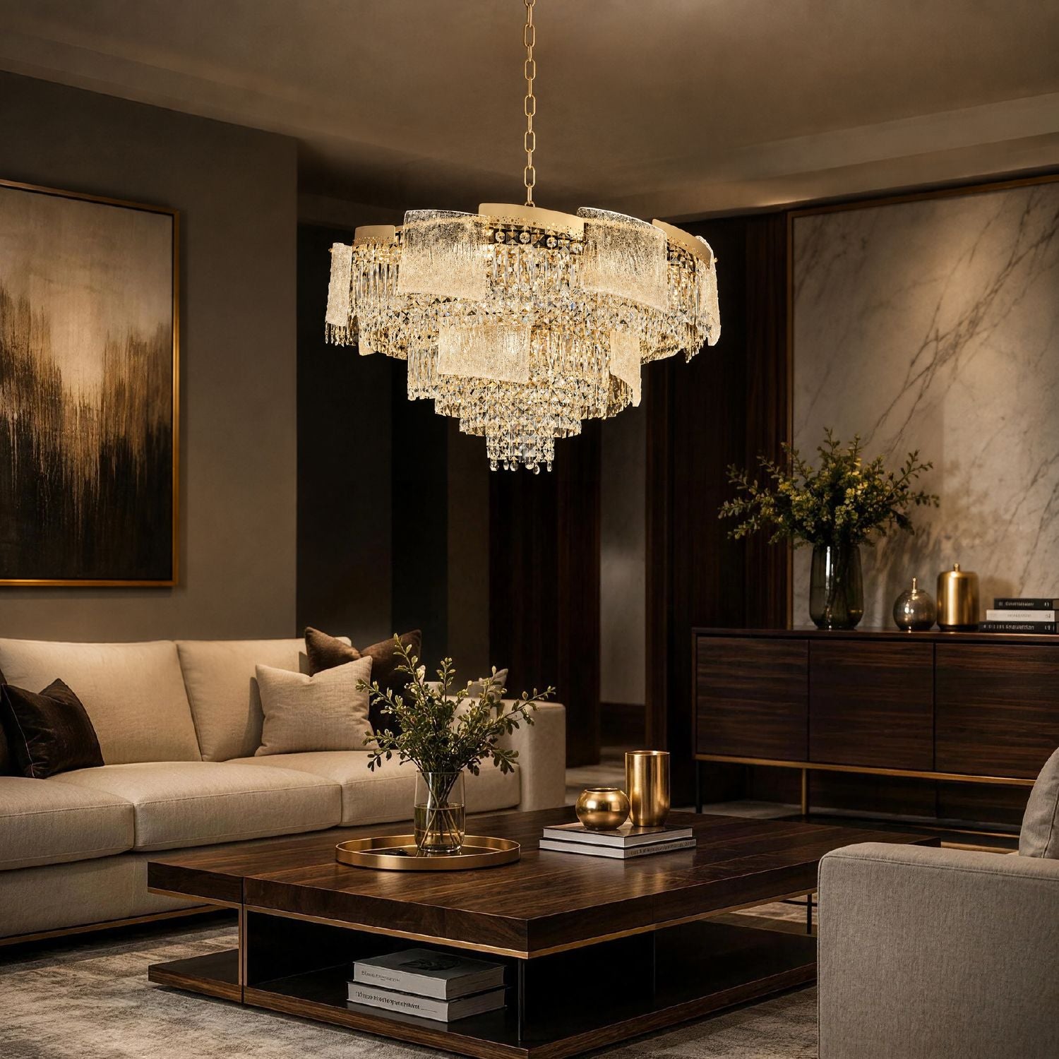 Aeria Chandelier as statement piece in minimalist living room — neutral sofa, abstract art, marble coffee table, natural light + crystal sparkle for balanced elegance