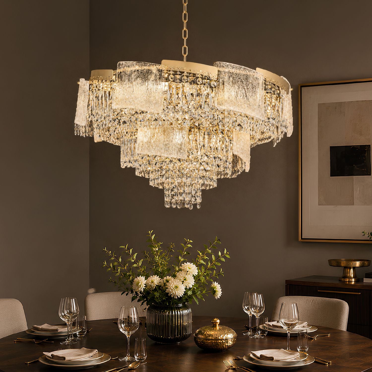 Aeria Modern Neoclassical Crystal Chandelier — elegant gold frame, cascading Grade-A crystals, warm ambient glow for luxury dining, living, or bedroom spaces