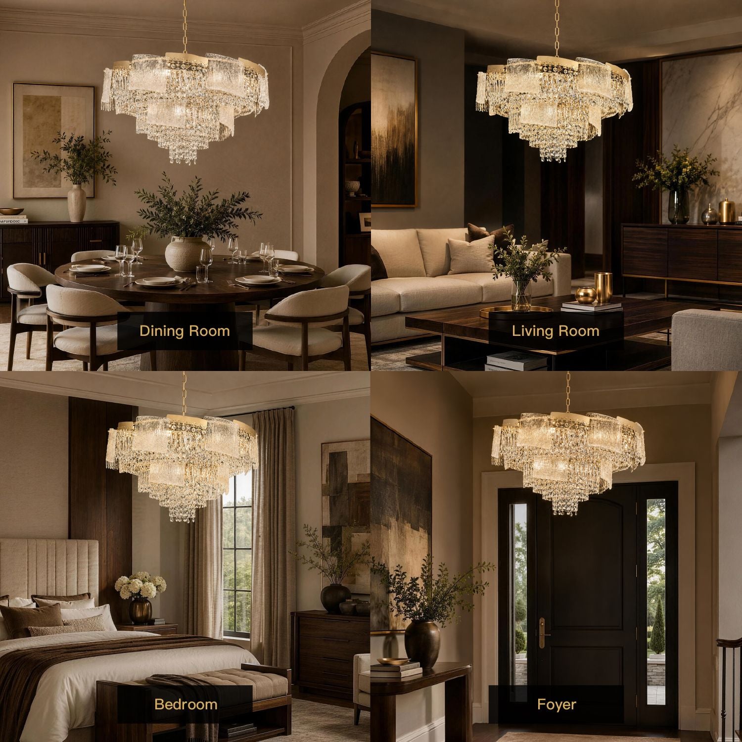 Aeria Chandelier in 4 real-life settings — formal dining room, cozy living room, serene bedroom, elegant foyer — showcasing versatile luxury lighting