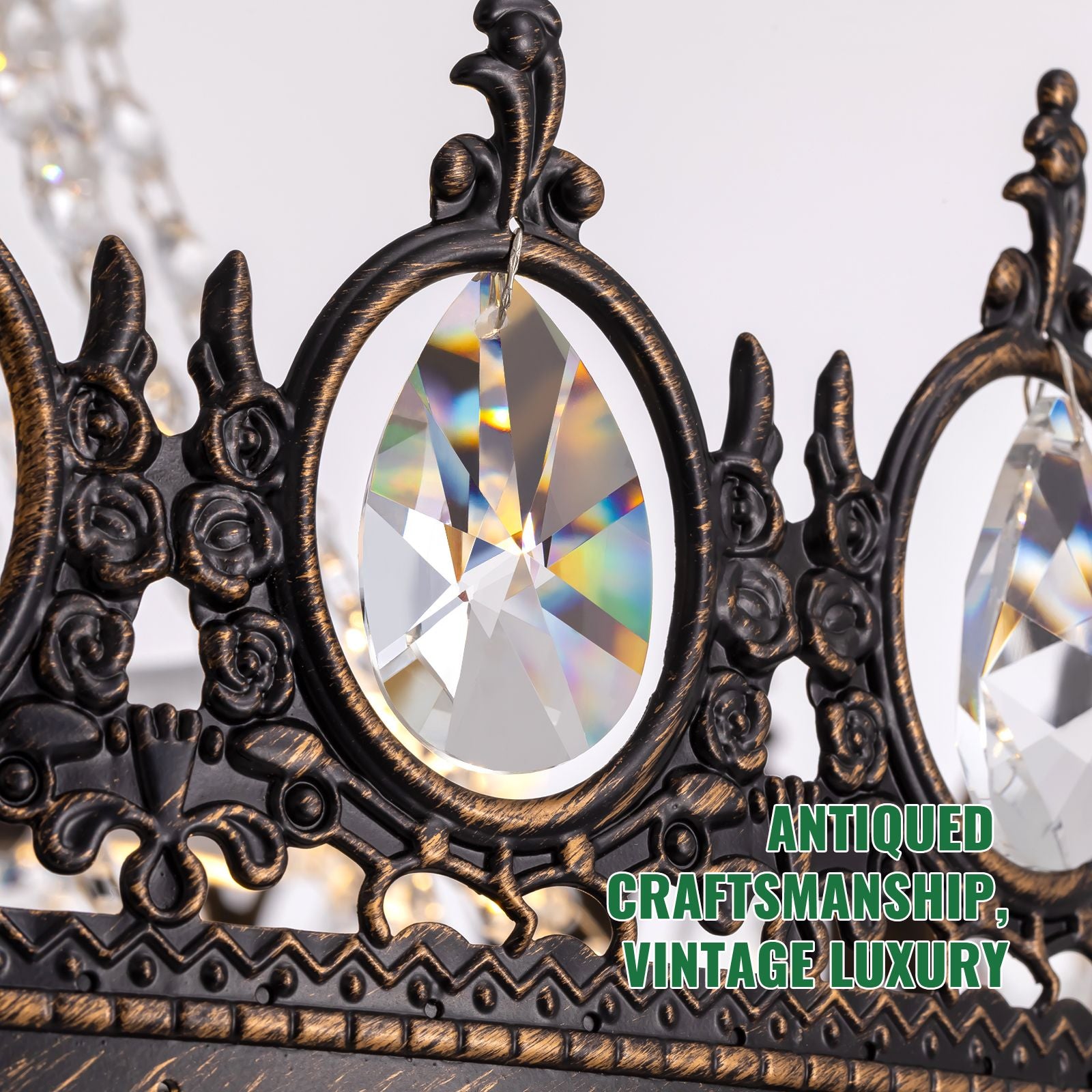 Aerian chandelier close-up — antiqued craftsmanship, vintage luxury, oval K9 crystal jewels, ornate metal crown frame, hand-finished details | Sofary Lighting