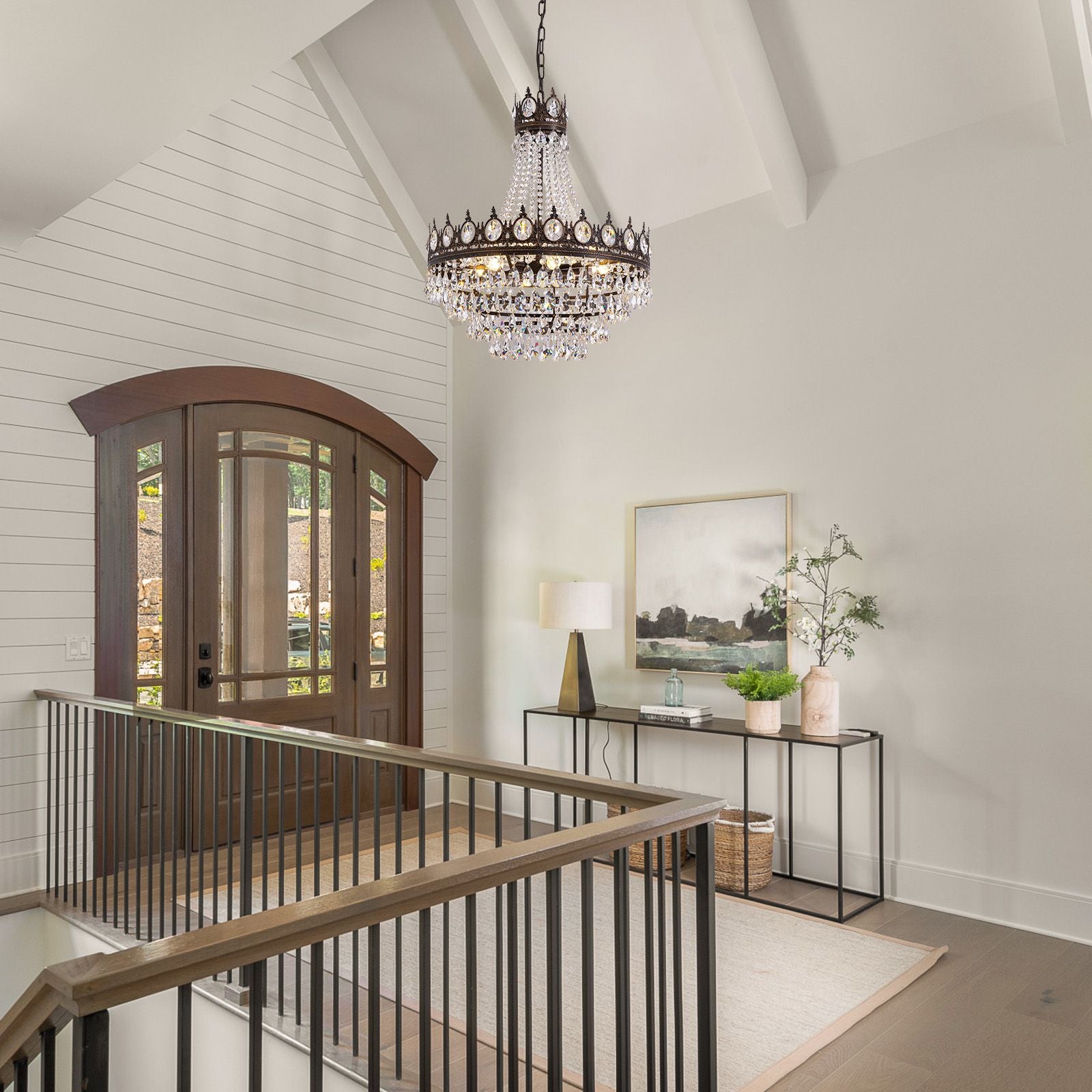 Aerian Crystal Chandelier in shiplap entryway — arched wood door, console table, second-floor landing, warm welcome with vintage farmhouse charm | Sofary Lighting