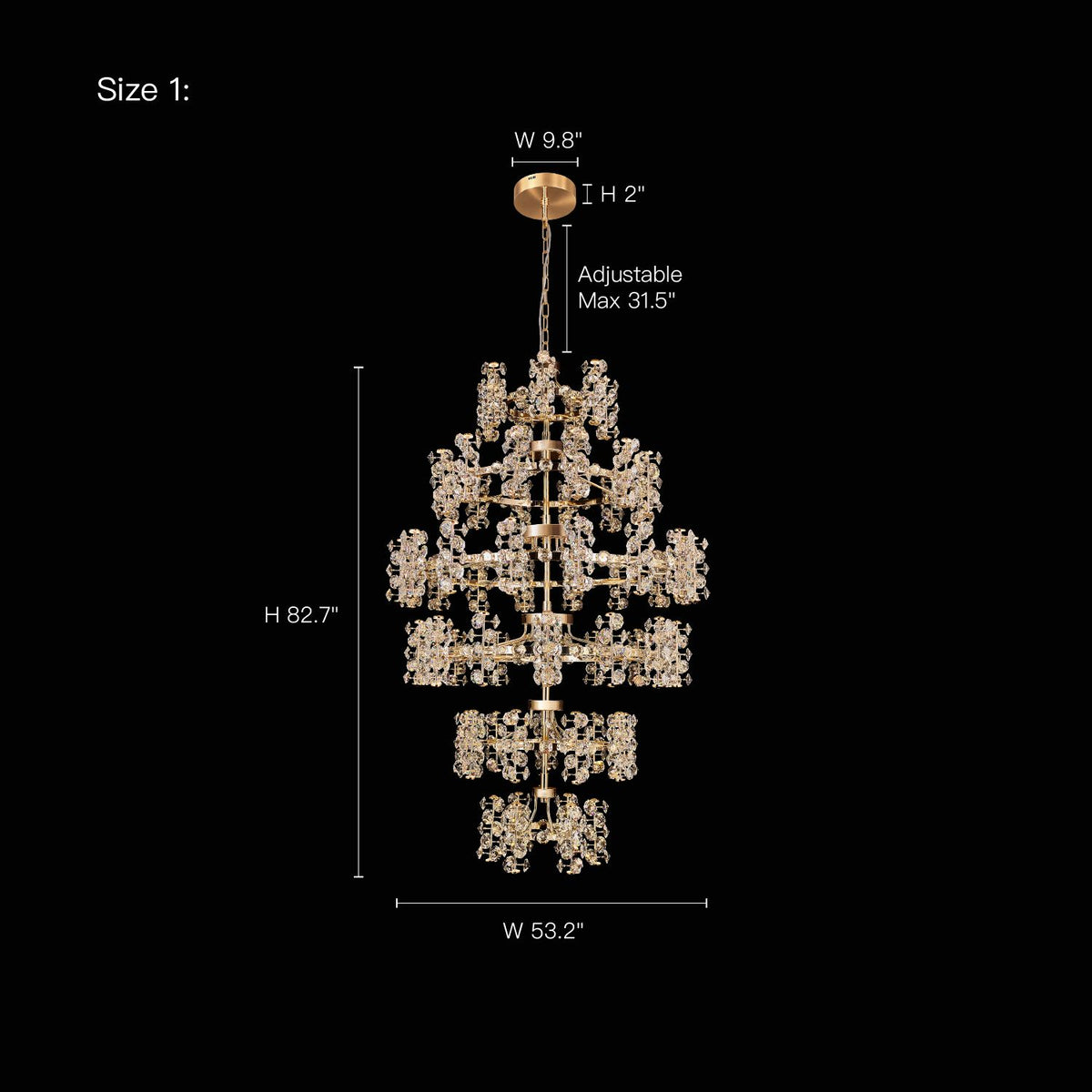 Aeriol chandelier dimensions — 53.2" width, 82.7" height, 9.8" canopy width, 2" canopy height, adjustable chain max 31.5", designed for grand staircases, double-height foyers, and high ceilings | Sofary Lighting