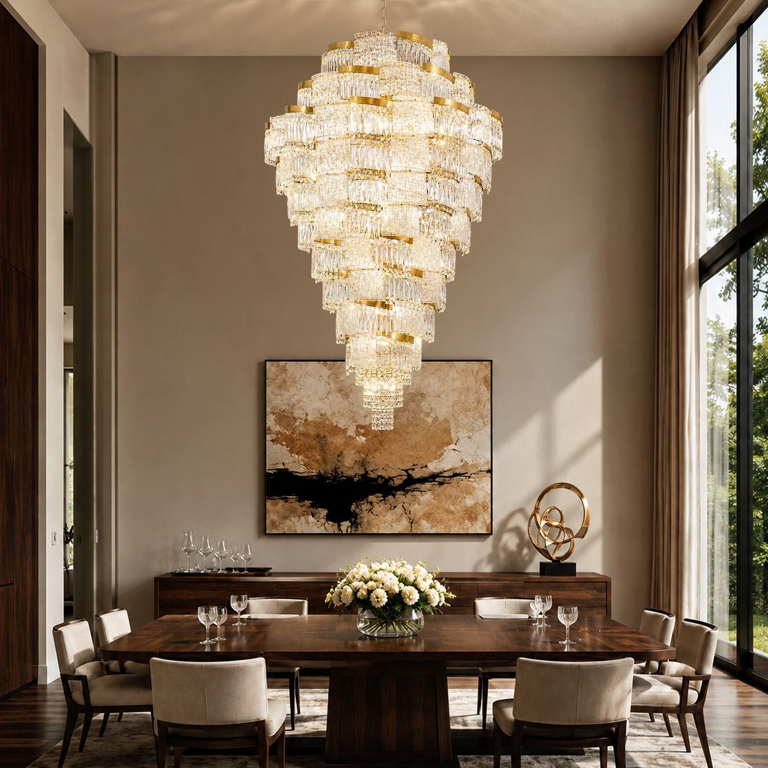 Aerioz chandelier in formal dining room — rectangular table, upholstered chairs, abstract wall art, warm crystal refraction, elegant dinner party ambiance | Sofary Lighting