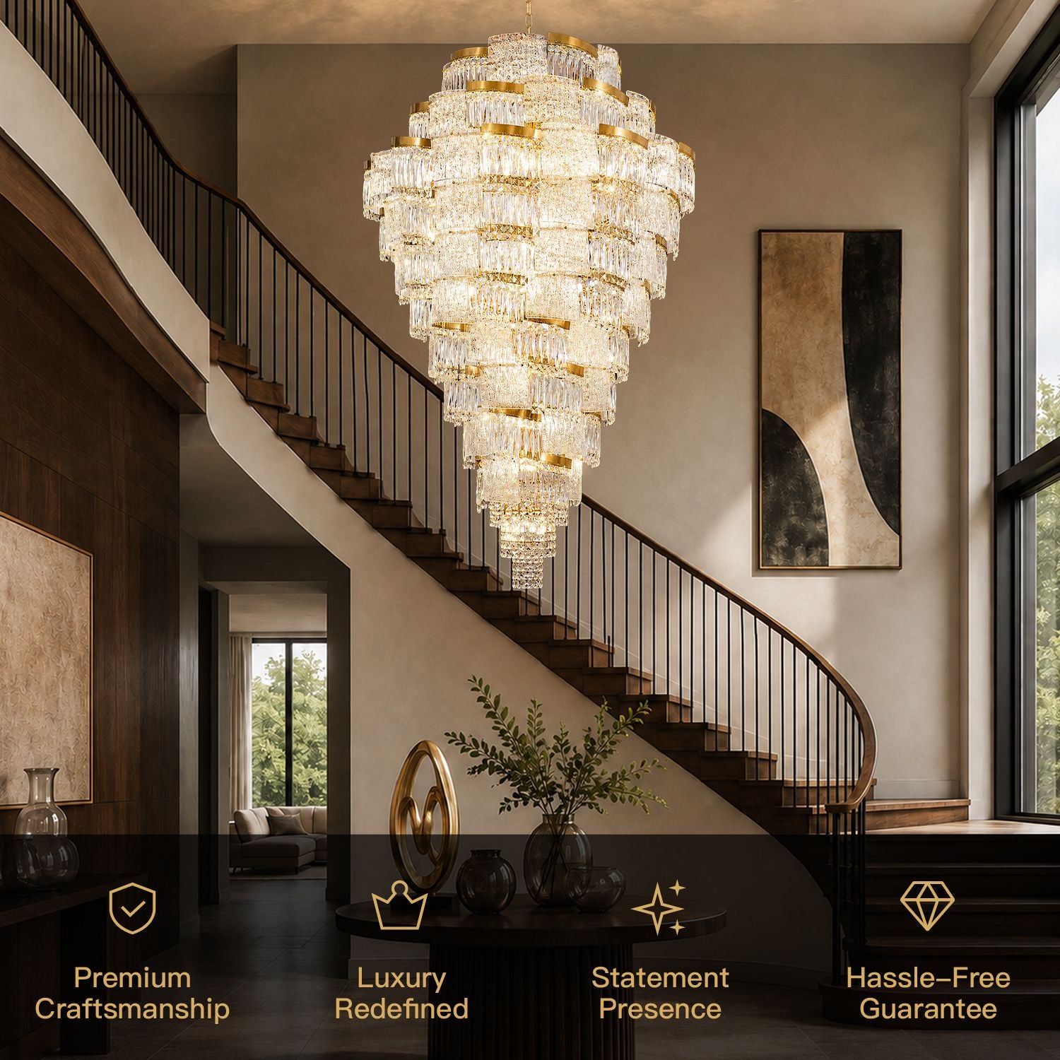 Aerioz chandelier key features — premium craftsmanship, luxury redefined, statement presence, hassle-free guarantee, multi-tier K9 crystal waterfall design for grand interiors | Sofary Lighting