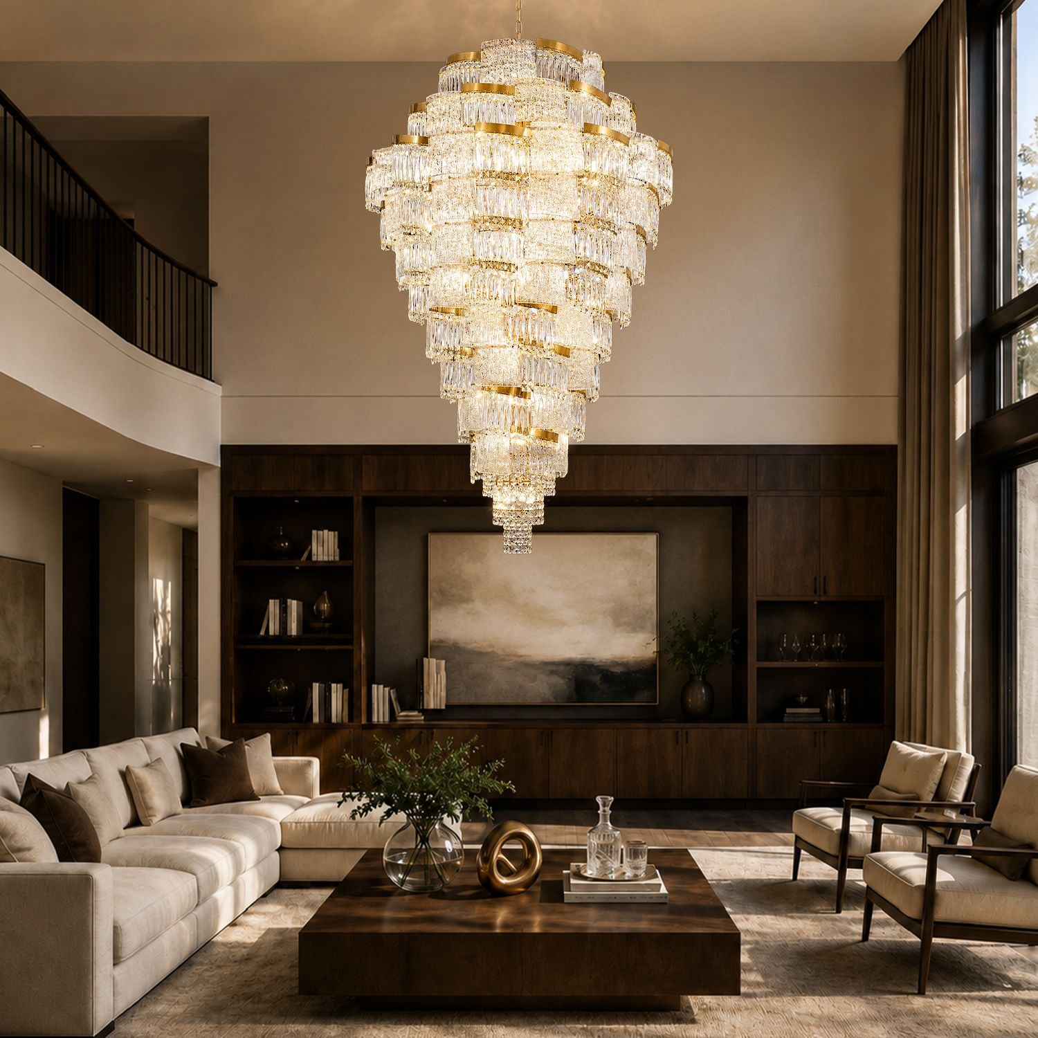 Aerioz multi-tier crystal chandelier in high ceiling living room — soaring vaulted space, wood paneling, sectional sofa, warm ambient glow, modern luxury mansion interior | Sofary Lighting