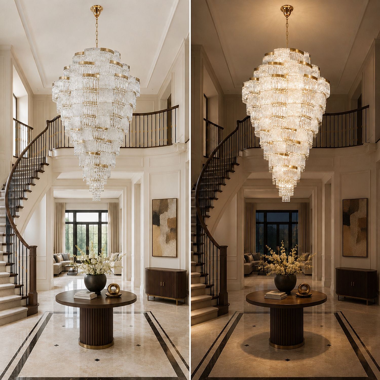 Aerioz K9 crystal chandelier off vs on — unlit sculptural waterfall form transforms to brilliant warm glow, faceted crystal prisms refracting light in grand staircase foyer | Sofary Lighting