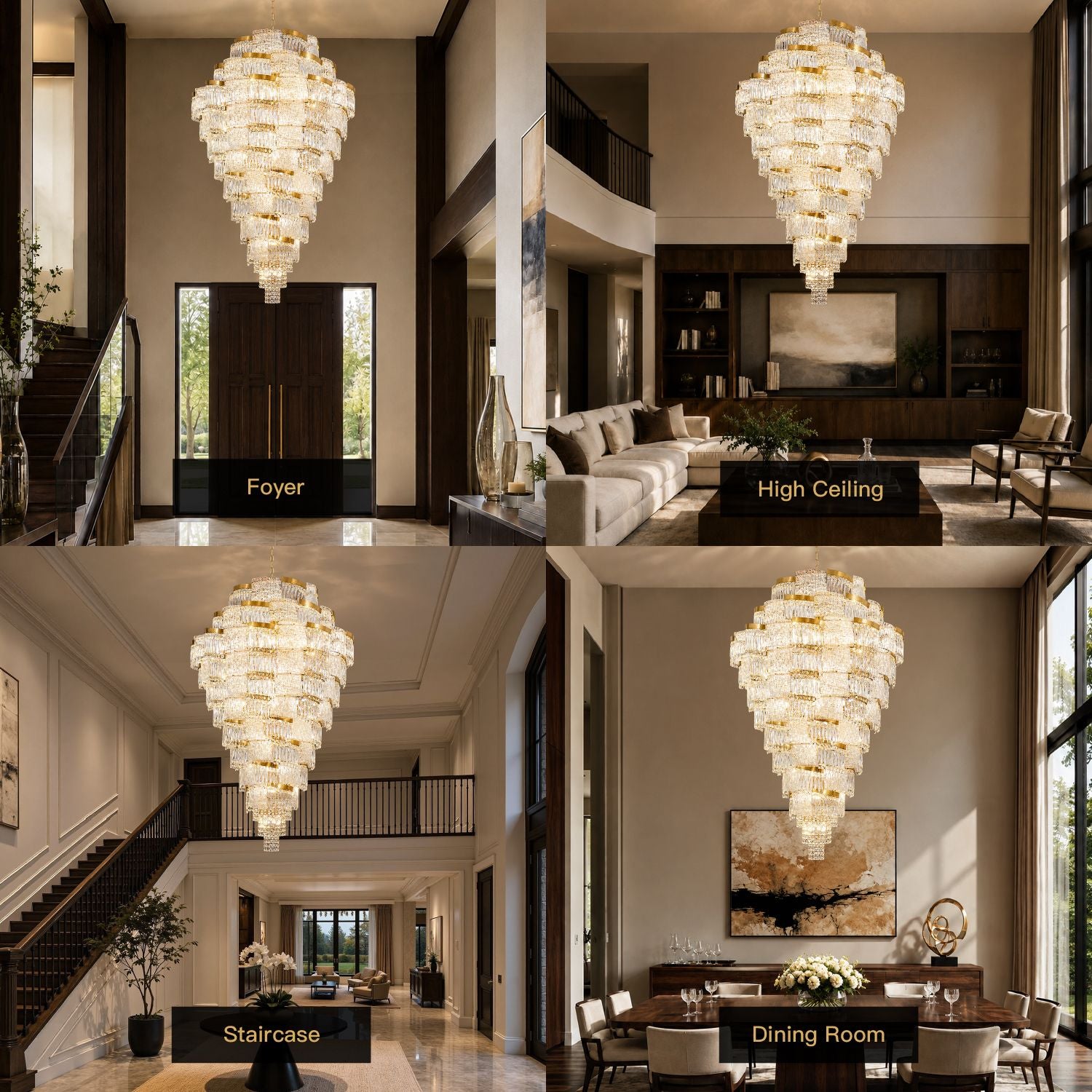 Aerioz waterfall crystal chandelier in 4 settings — foyer entrance, high ceiling living room, curved staircase, formal dining room, versatile luxury lighting for grand spaces | Sofary Lighting