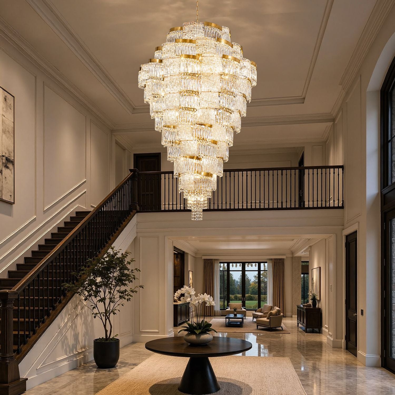 Aerioz waterfall chandelier above grand staircase — curved railing, two-story foyer, cascading K9 crystals, dramatic vertical illumination, luxury home architecture | Sofary Lighting