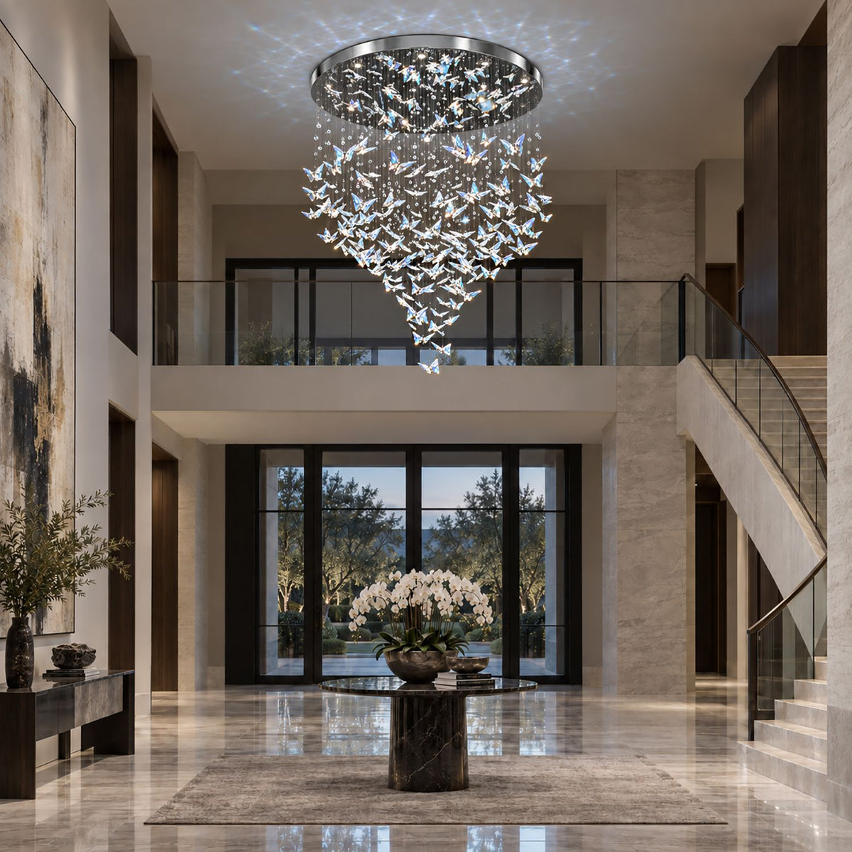 Aeris Butterfly Chandelier in grand foyer — double doors, marble floor, console table, cascading crystal butterflies, warm luxury welcome light | Sofary Lighting