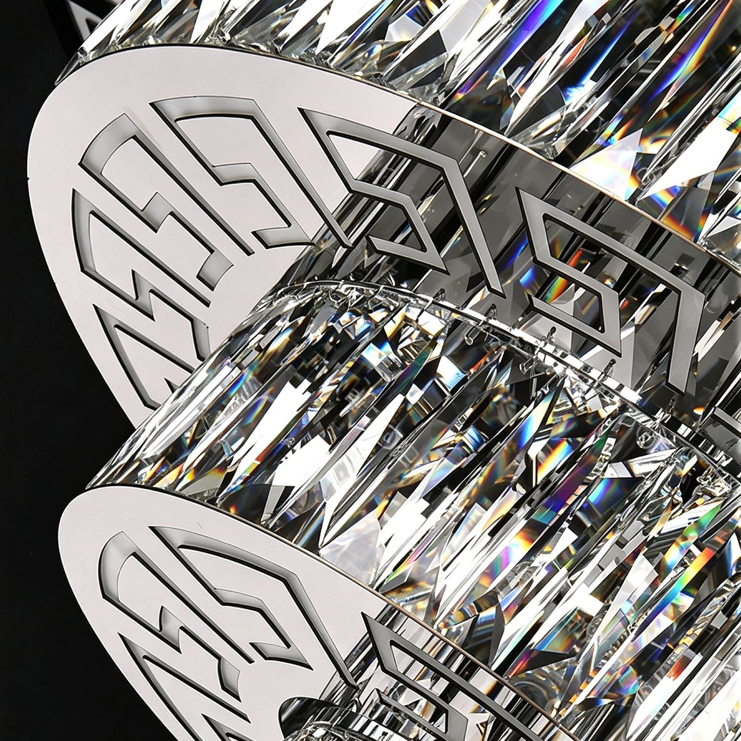 Aerive chandelier chrome metal frame detail — polished chrome finish, geometric tier structure, secure crystal mounting rings, premium modern craftsmanship close-up | Sofary Lighting