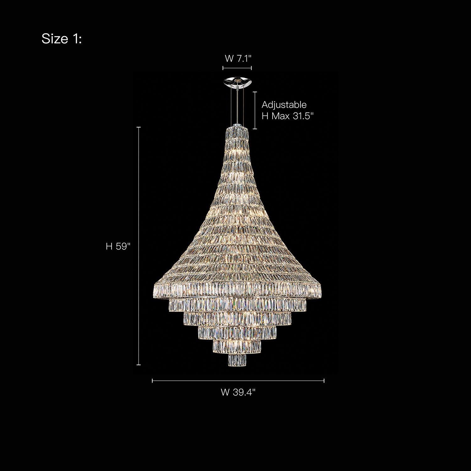 Aerive 39.4 inch modern chrome crystal chandelier size 1 dimensions — 39.4" width, 59" fixture height, adjustable chain up to 31.5", polished chrome canopy 7.1", ideal for high ceiling foyer and staircase | Sofary Lighting