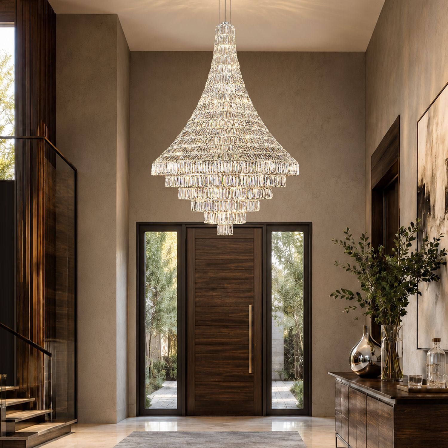 Aerive modern chrome chandelier in luxury foyer — 39.4 inch tiered crystal fixture above double wooden front doors, elegant entryway lighting for high-end homes | Sofary Lighting