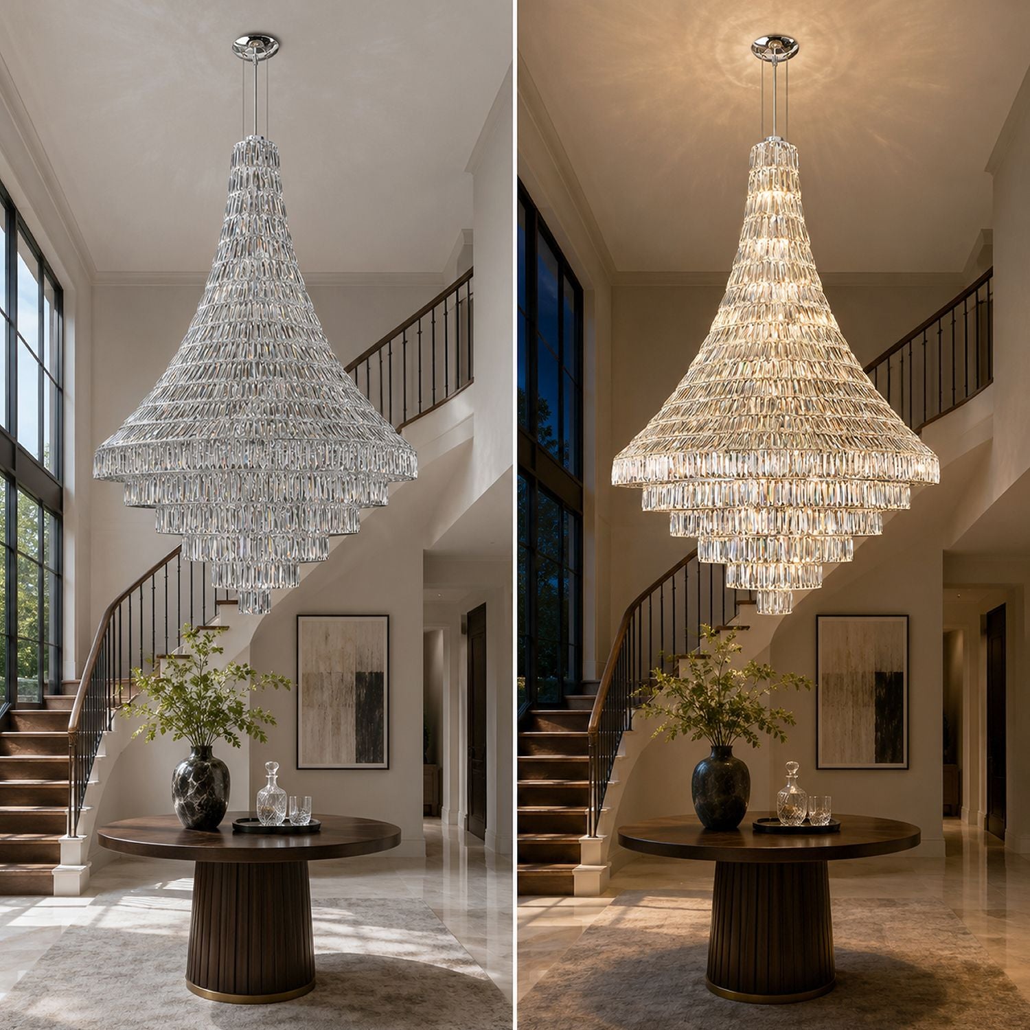 Aerive chrome crystal chandelier off vs on comparison — unlit sculptural waterfall form transforms into a brilliant warm glow with faceted crystal light refraction in a grand staircase foyer | Sofary Lighting