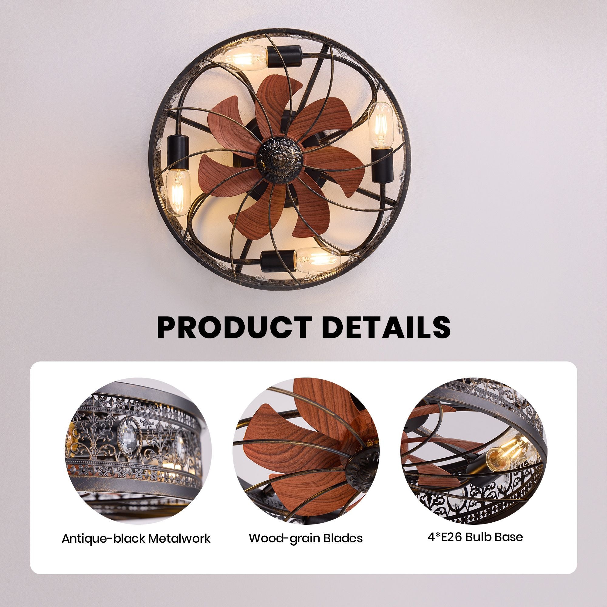 Aerof Ceiling Fan product details — antique-black metalwork, wood-grain blades, 4xE26 bulb base, crystal embellishments, close-up craftsmanship | Sofary Lighting