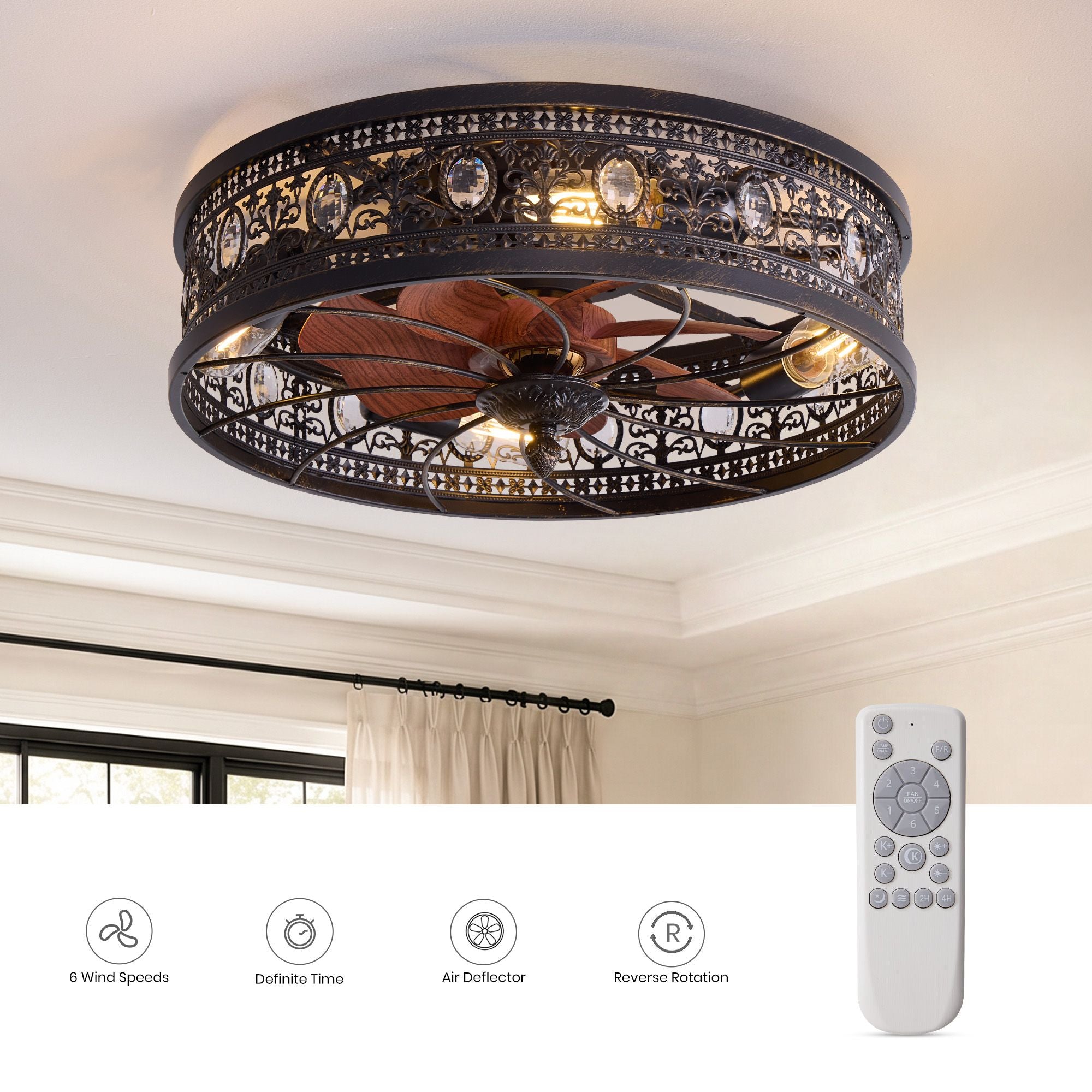 Aerof Caged Ceiling Fan features — 6 wind speeds, definable timer, air deflector, reverse rotation, remote control for convenient operation | Sofary Lighting