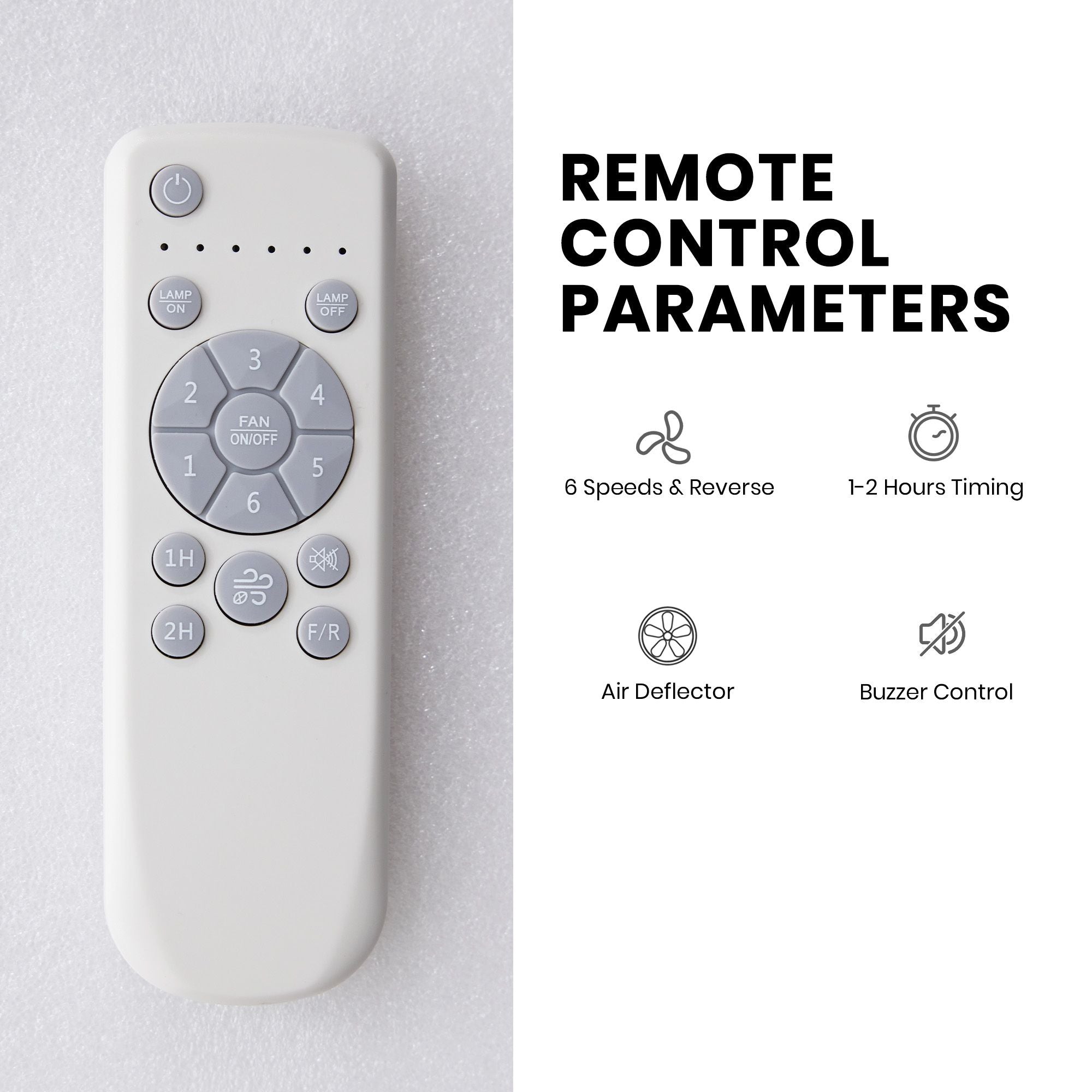 Aerof Ceiling Fan remote control parameters — 6 speeds, reverse function, 1-2 hours timing, air deflector, buzzer control, white ergonomic remote | Sofary Lighting